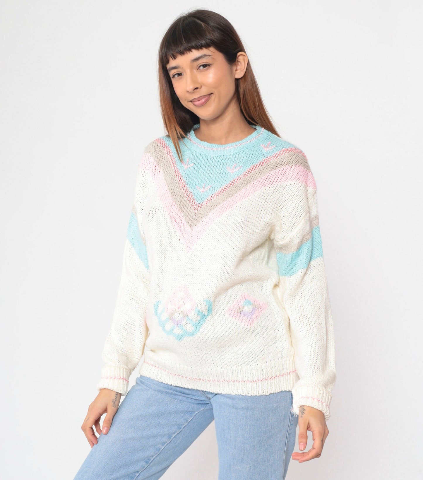80s Mister Noah Knit Sweater White Pastel Chevron Beaded Floral Embroidered Large