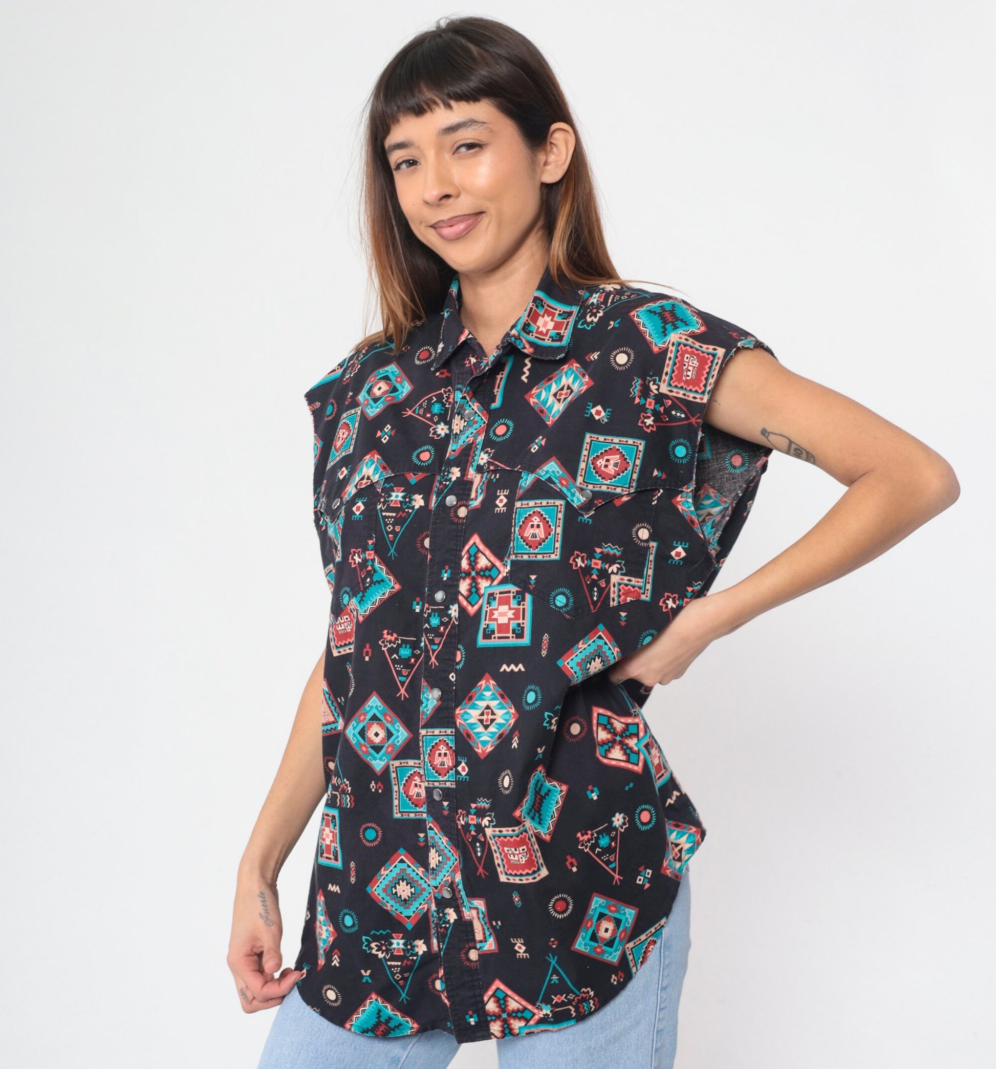90s Southwestern Pearl Snap Tank Top Black Geometric Collared XL