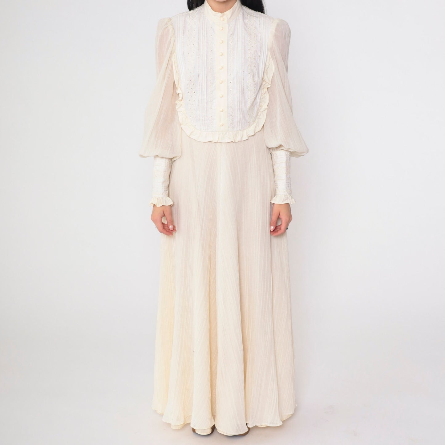 70s Miss K Cream Eyelet Maxi Dress Puff Sleeve Victorian Prairie Small