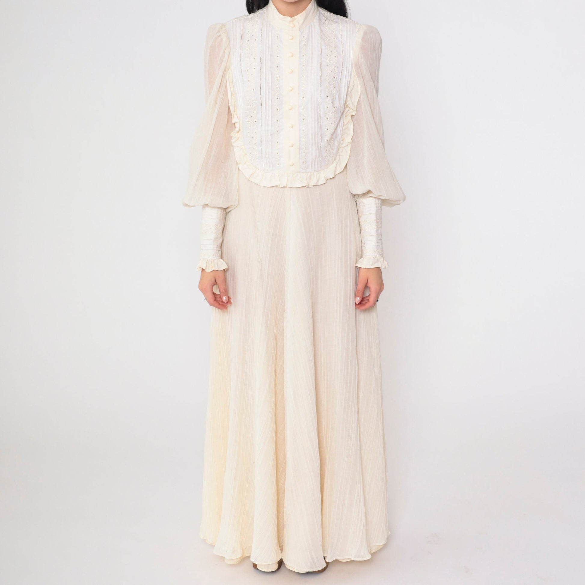 70s Miss K Cream Eyelet Maxi Dress Puff Sleeve Victorian Prairie Small