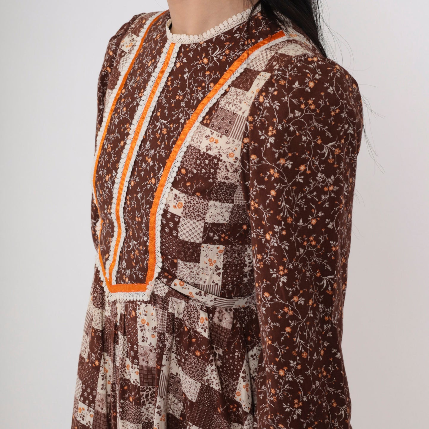 70s Calico Floral Mini Dress Puff Sleeve Patchwork Brown Cotton