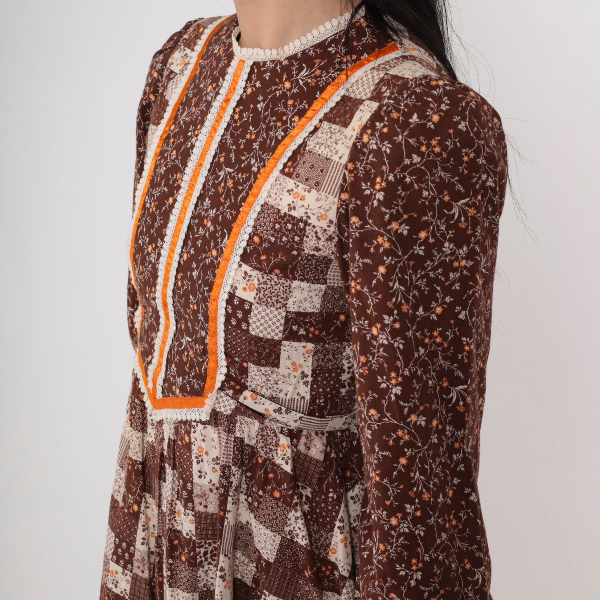 70s Calico Floral Mini Dress Puff Sleeve Patchwork Brown Cotton