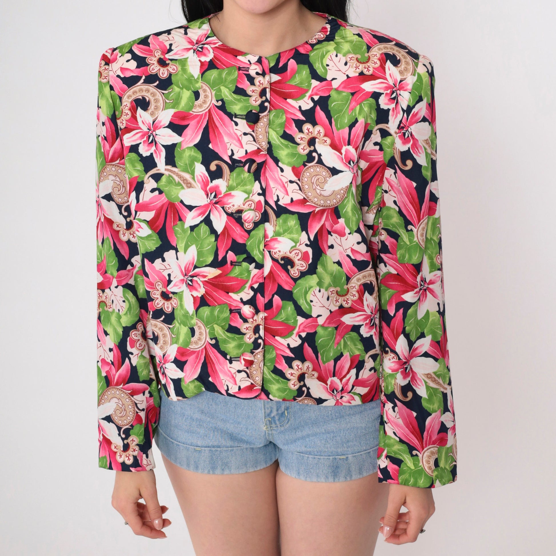 90s Evan Picone Floral Blazer Pink Green Rayon Jacket Large 12