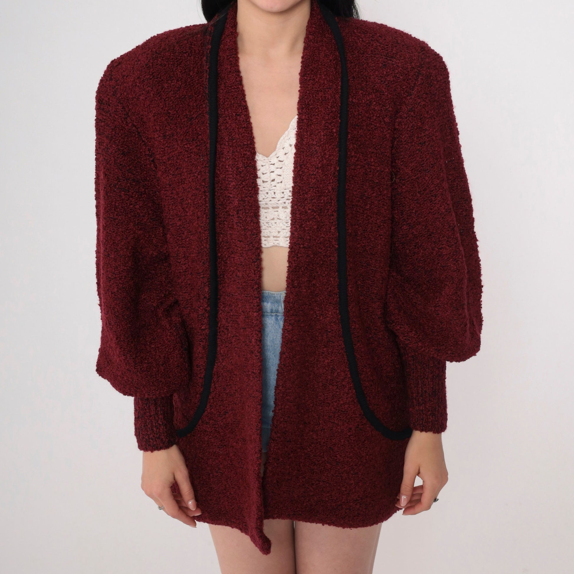 80s Wine Nubby Knit Cardigan Open Front Shoulder Pads Pockets Medium