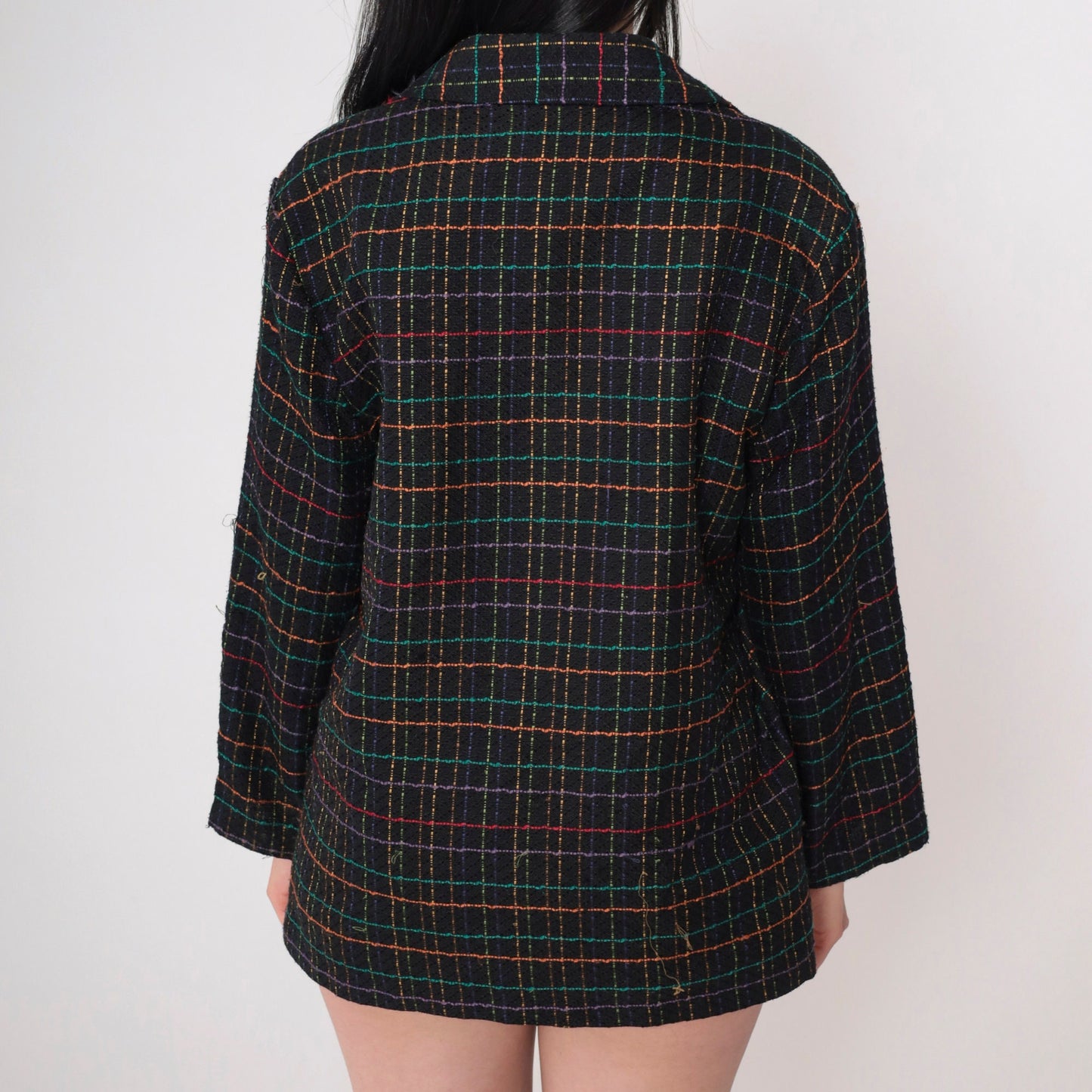 90s Black Checkered Blazer Rainbow Print Button-Up Jacket Large L