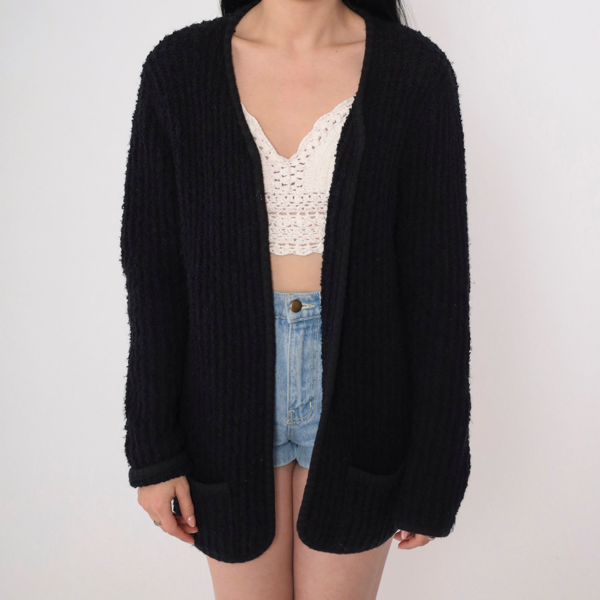 90s Black Ribbed Knit Cardigan Open Front Pockets Medium