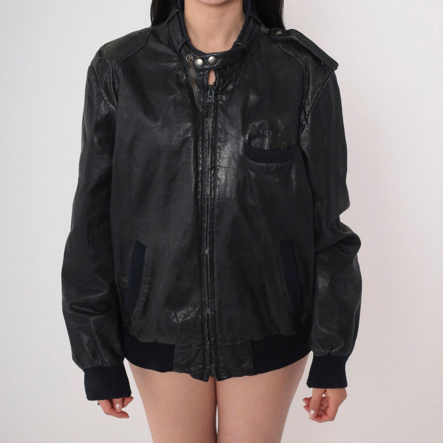 80s Cooper Black Leather Bomber Jacket Knit Cuffs Men's Large 42