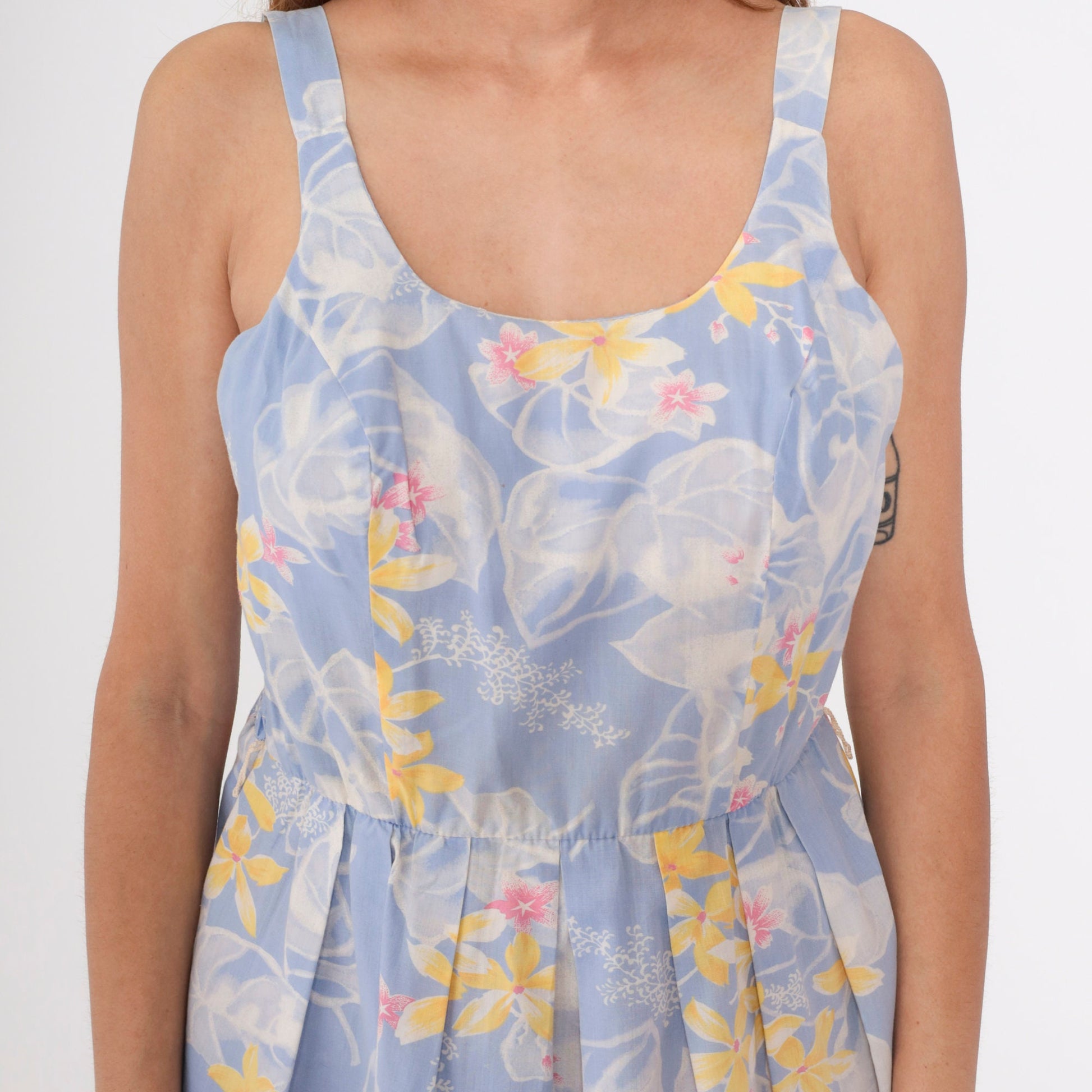 70s Periwinkle Floral Mini Sundress Smocked Tank High Waist Pleated Medium Large