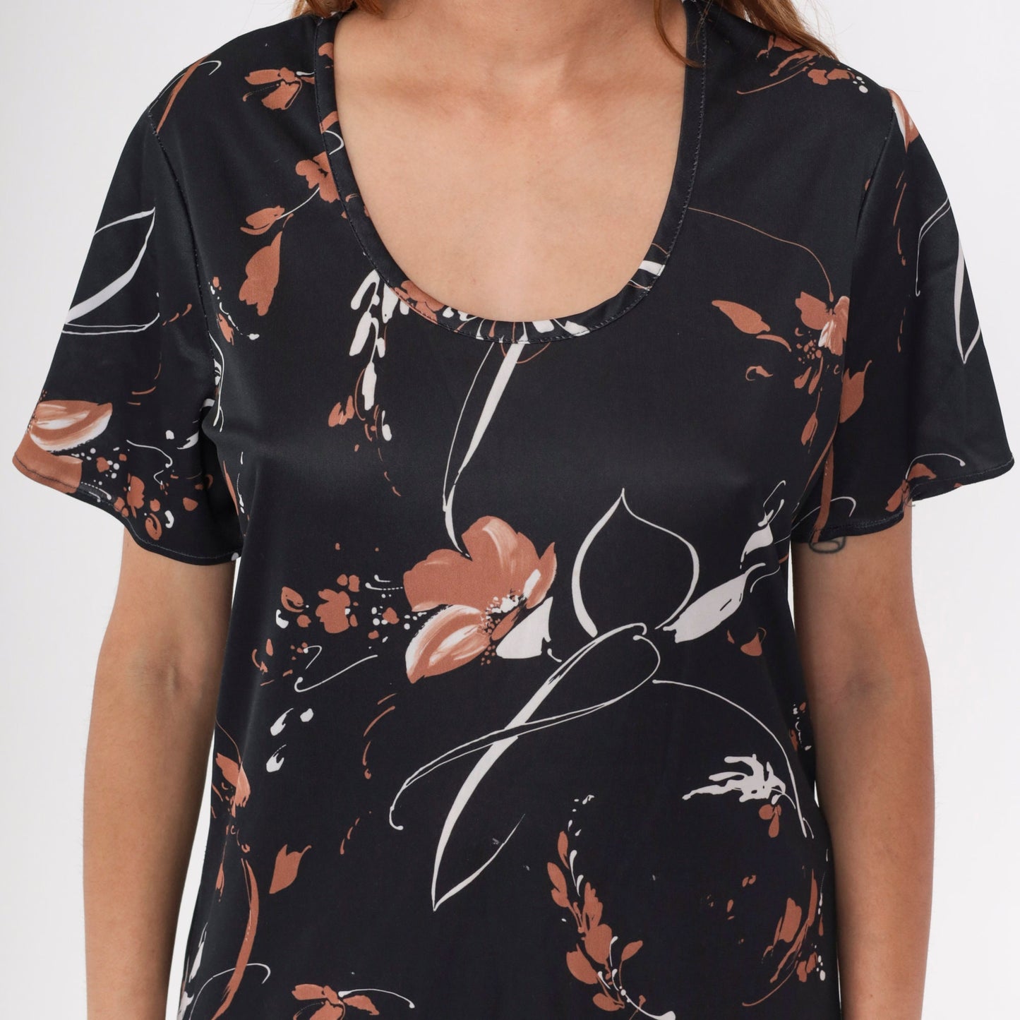 70s Black Floral Abstract Shift Dress Mini Scoop Neck Short Sleeve Medium Large