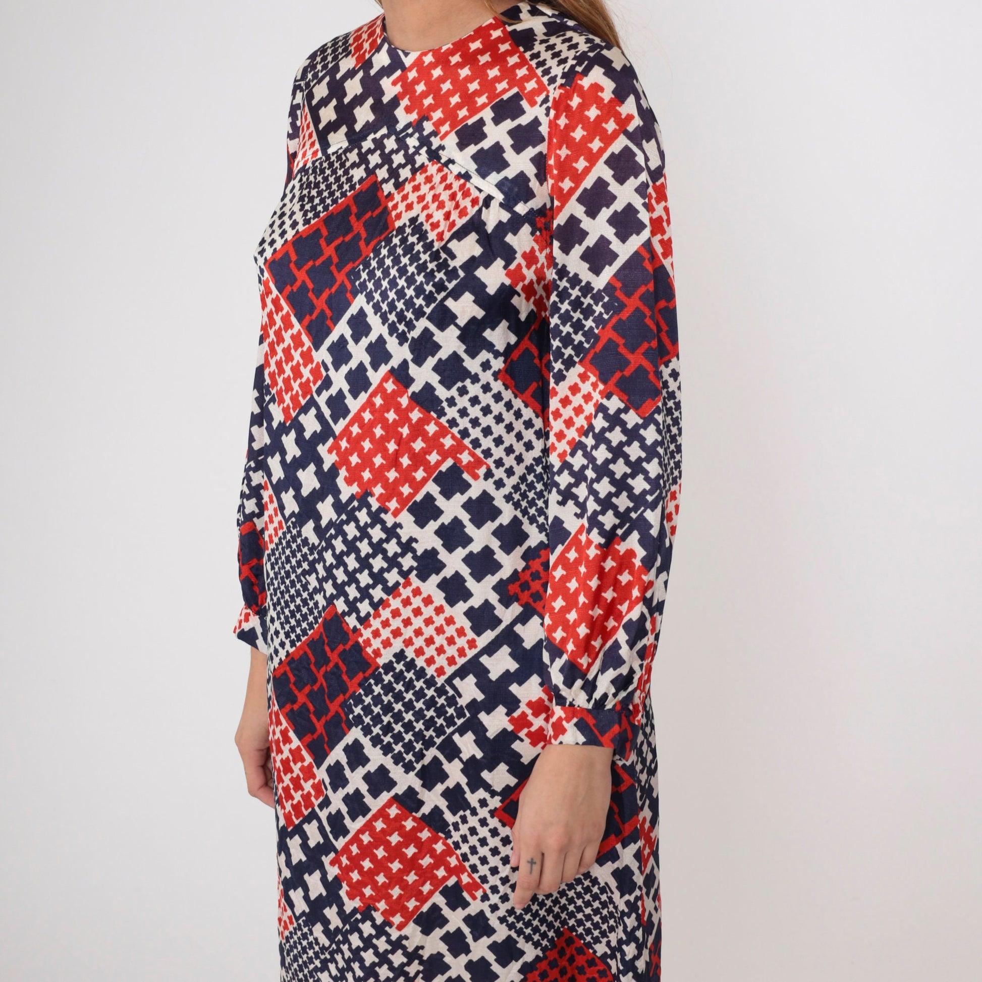 60s Mod Shift Dress Patchwork Houndstooth Red White Blue Small
