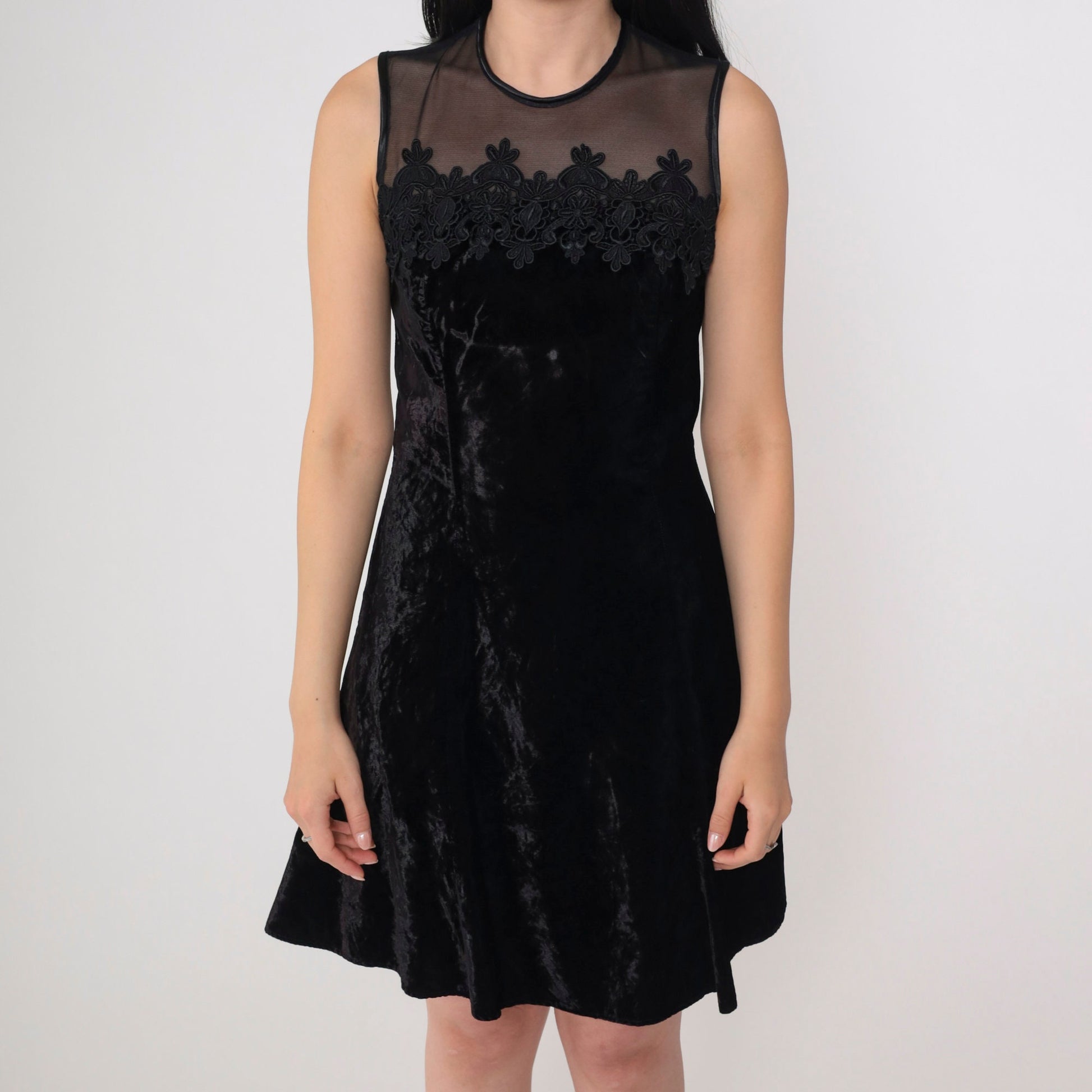 90s Scott McClintock Black Velvet Mini Dress Illusion Neckline Floral Lace Extra Small