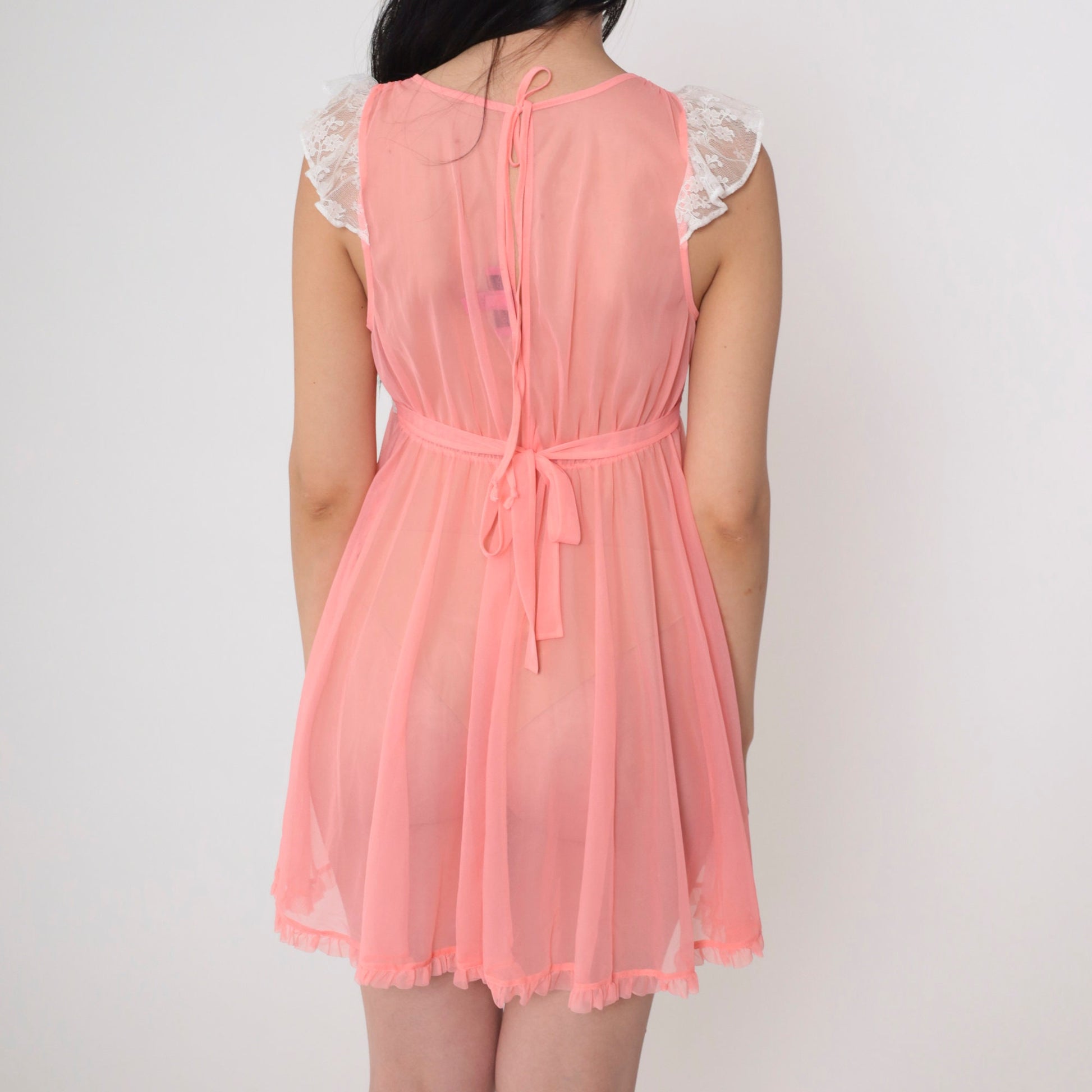 Betsey Johnson Pink Nightie Semi-Sheer Lace Trim Flutter Sleeve Mini Slip Dress Medium
