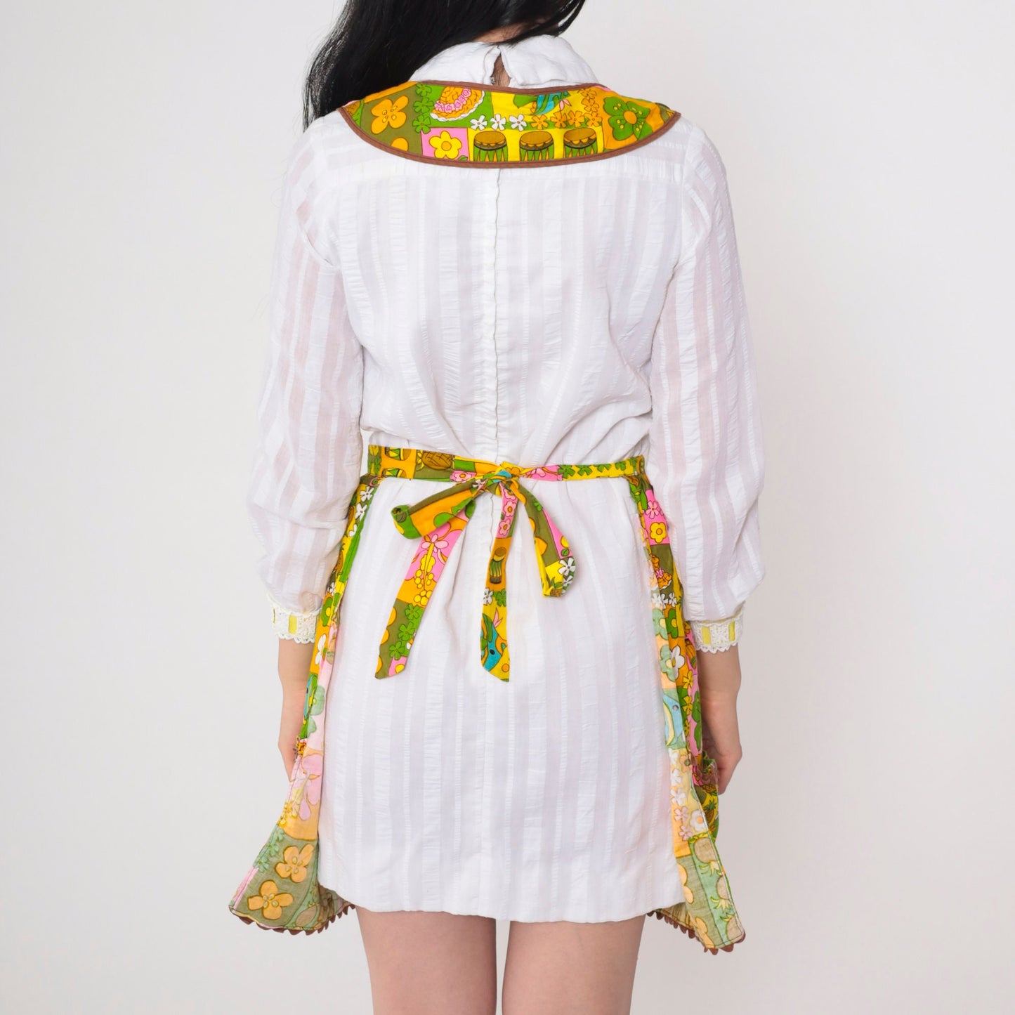 70s Tropical Floral Fish Pineapple Print Apron Dress Open Back Extra Small