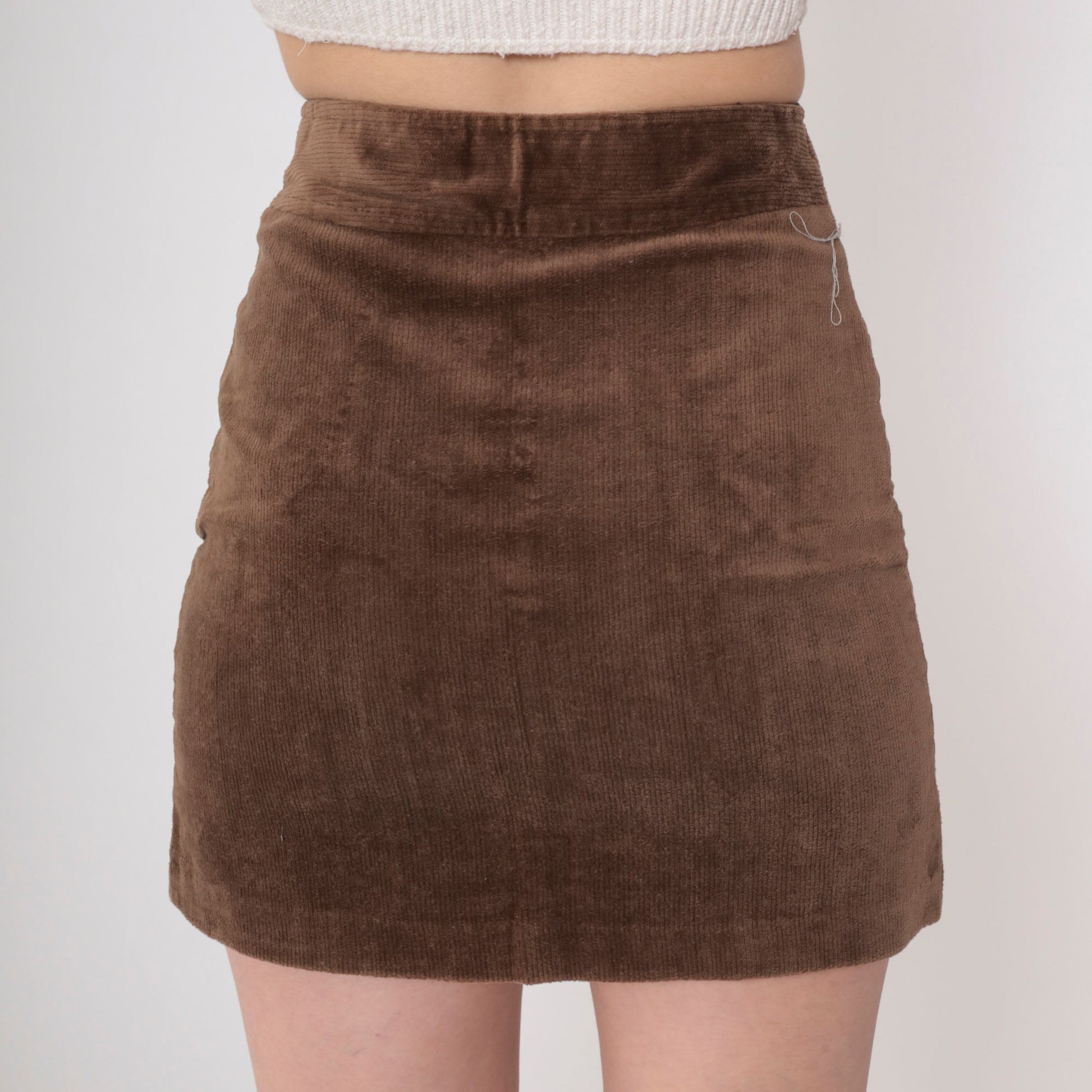 80s Brown Corduroy Mini Skirt High Waist Button Front Pencil Extra Small