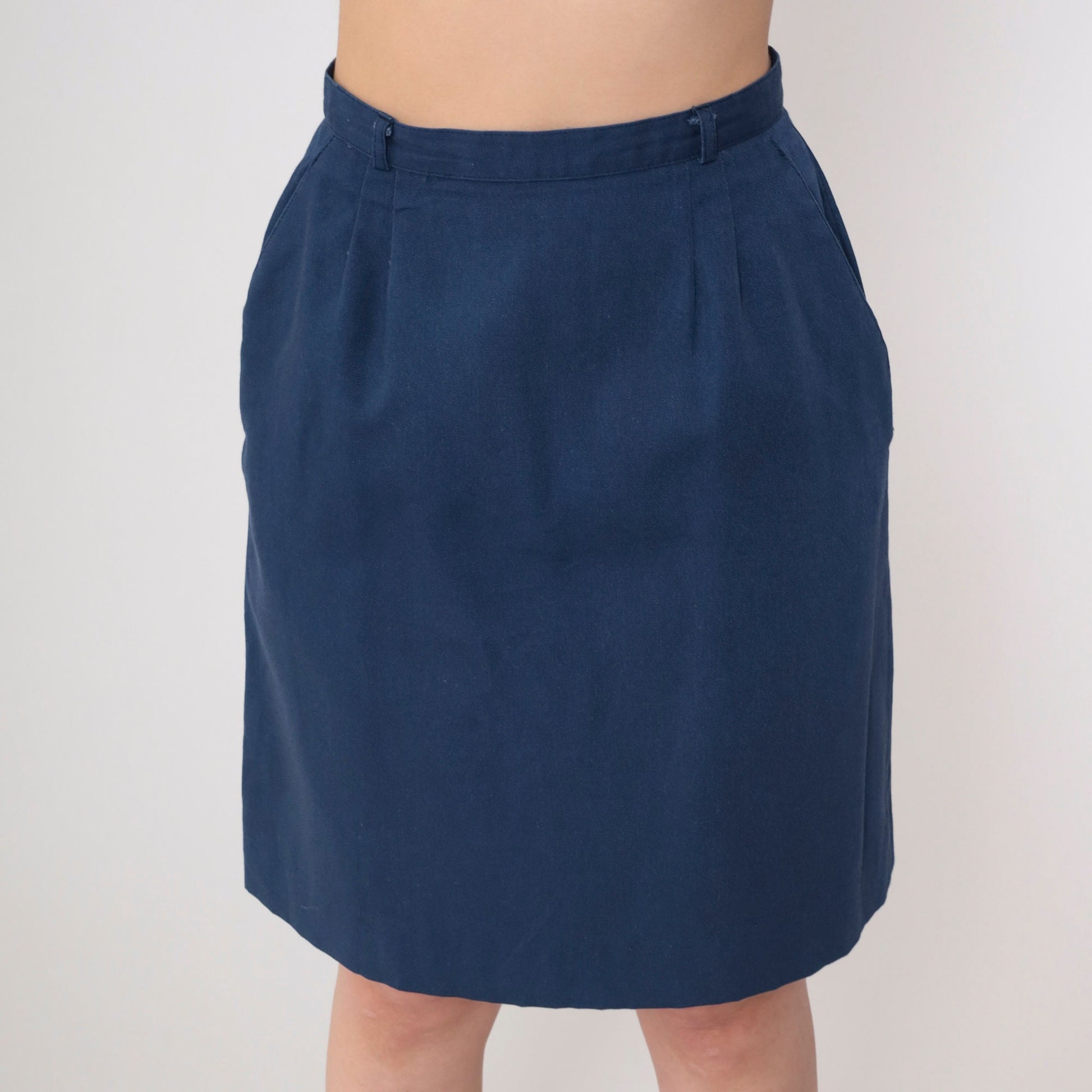 70s John Meyer Navy Pleated Mini Skirt High Waist Straight Cut Extra Small