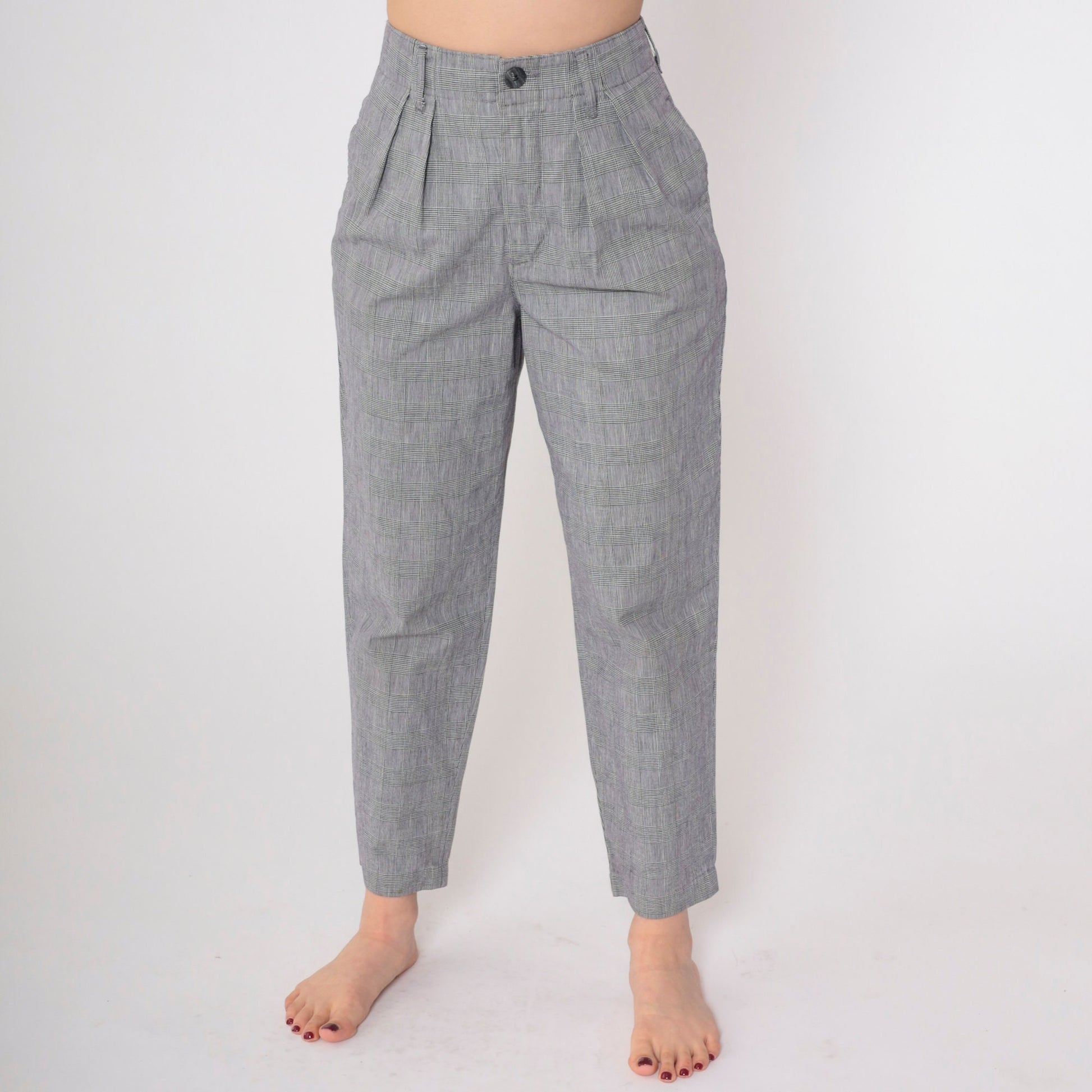 90s Calvin Klein Sport Grey Plaid Tapered Trousers High Waist Pleated Small