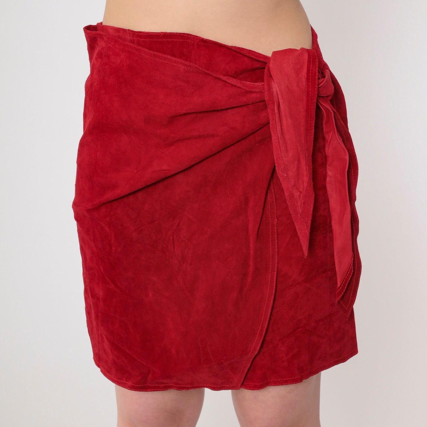 80s Red Suede Wrap Mini Skirt High Waisted Leather Small Medium