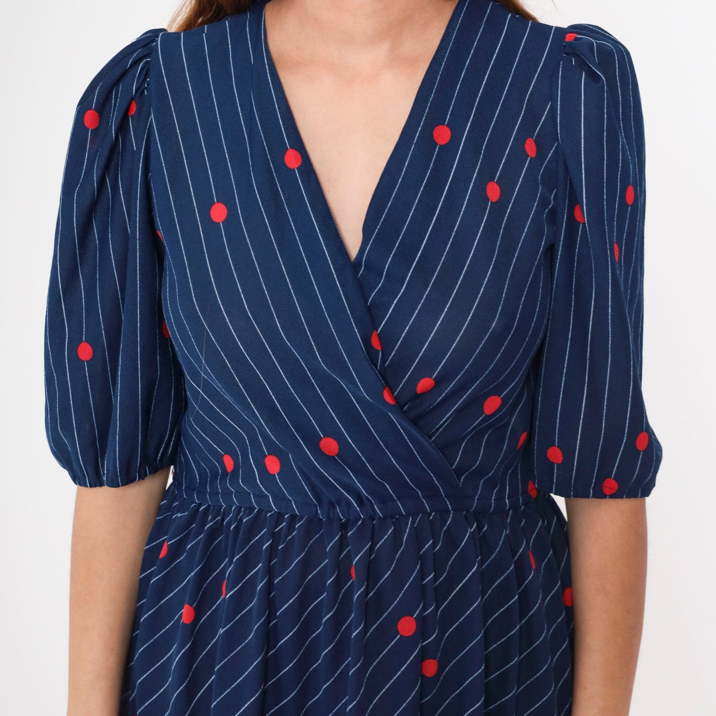 70s Navy Midi Wrap Dress Puff Sleeve Floral Polka Dot Striped Small