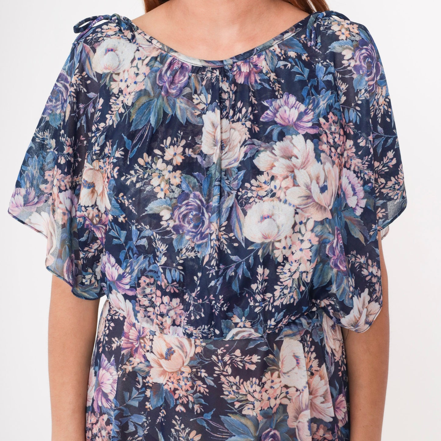 70s Navy Floral Midi Dress Split Flutter Sleeve High Waist Small Medium