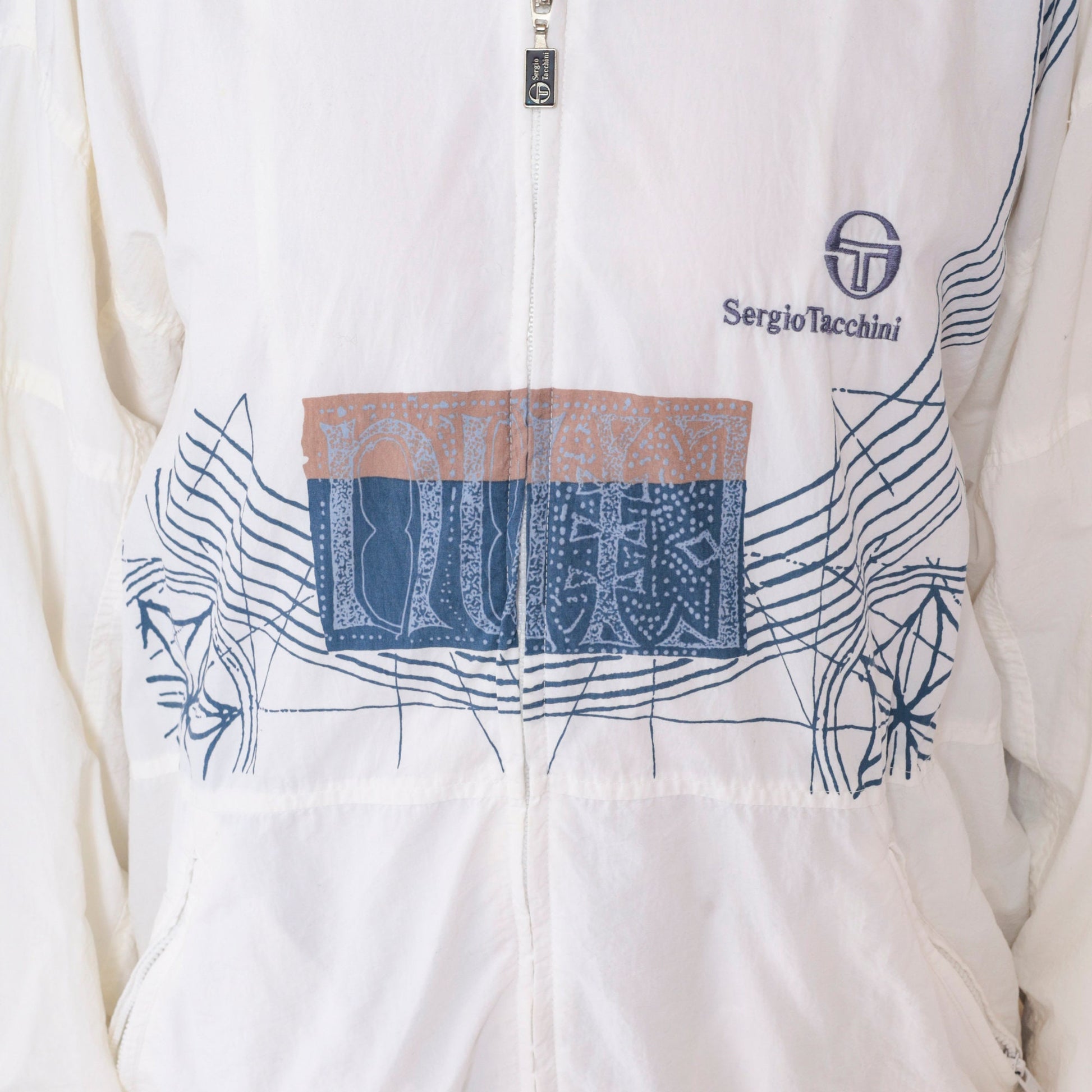 Sergio Tacchini 90s White Geometric Windbreaker Jacket Large L