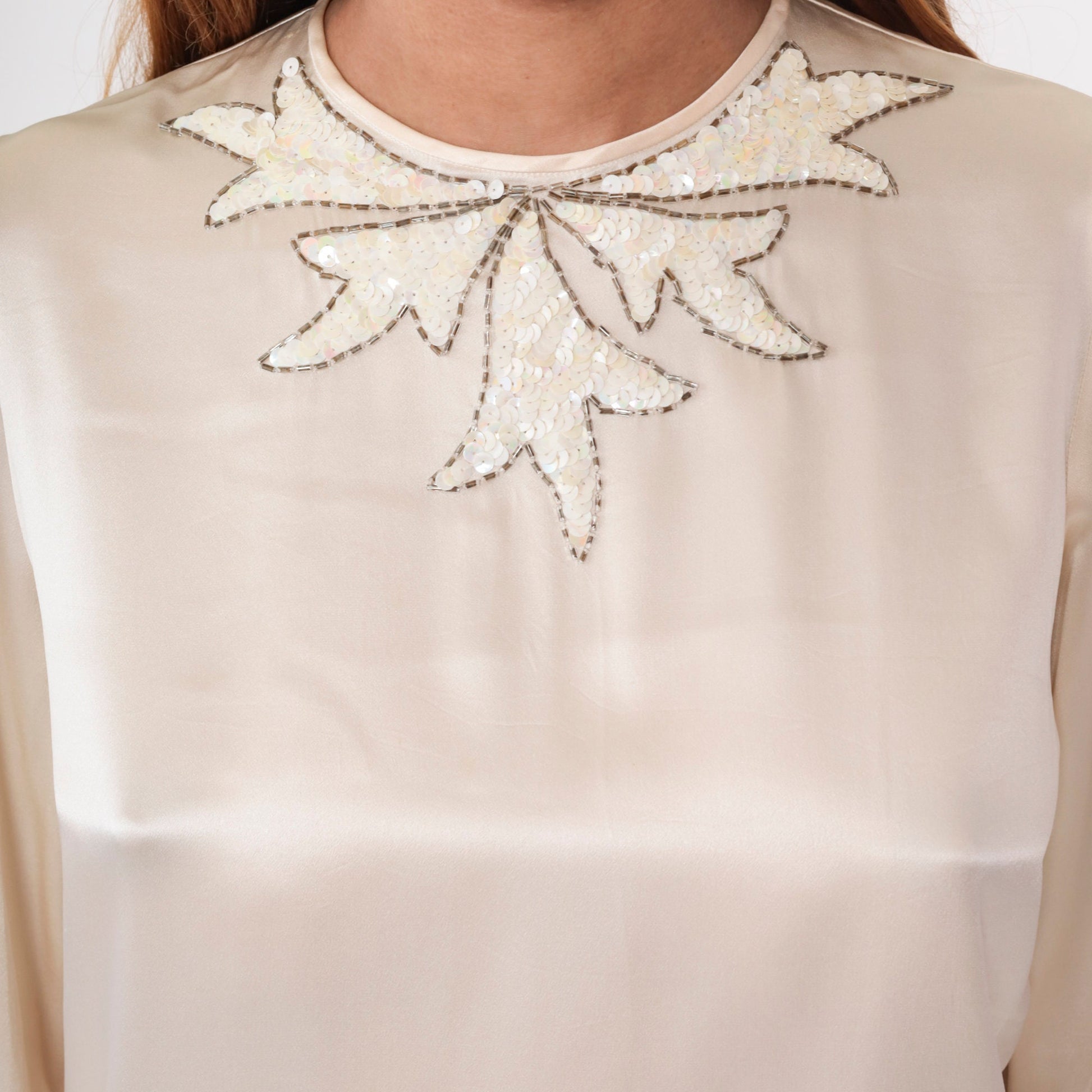 80s Lloyd Williams Silk Blouse Cream Sequin Leaf Beaded Puff Sleeve Medium