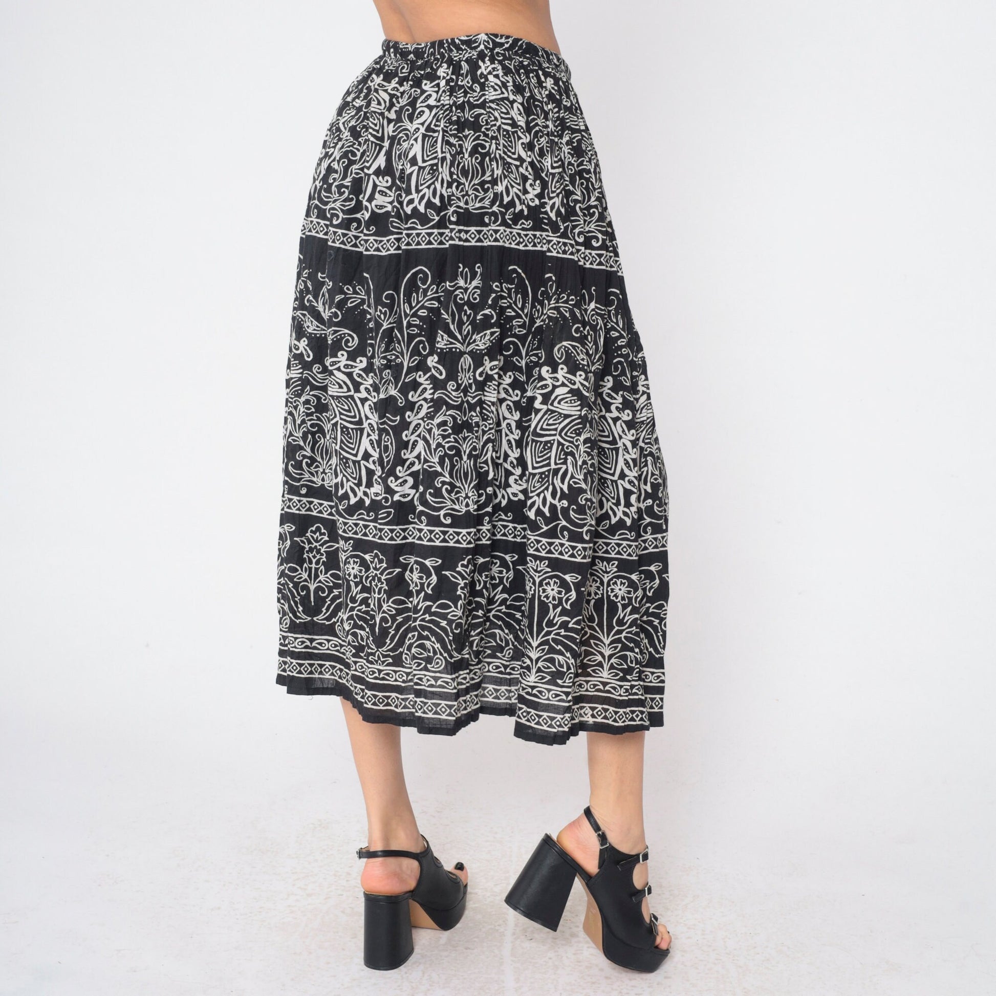 90s Jane Ashley Black Floral Midi Skirt Drawstring Waist Cotton Small