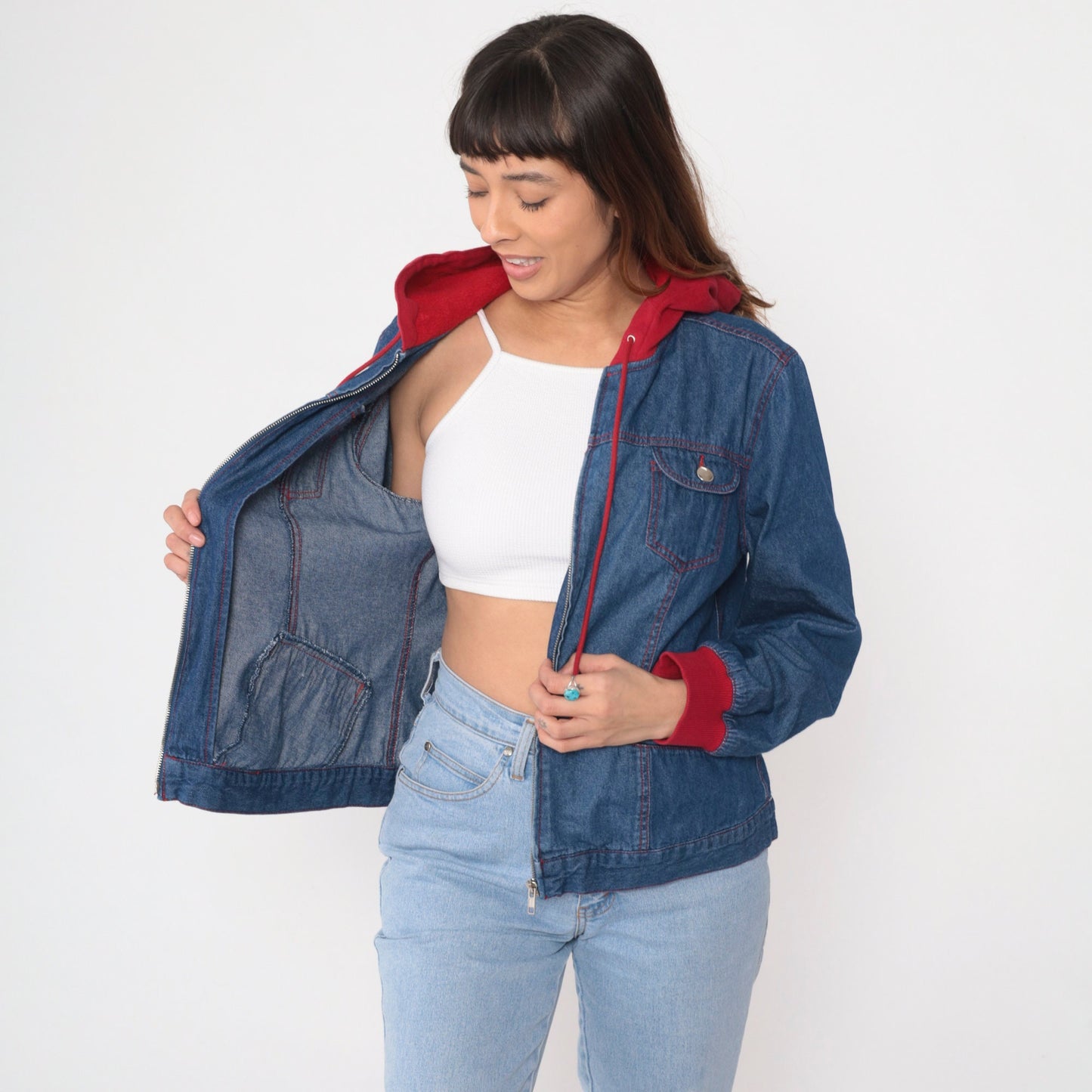 90s Forenza Hooded Denim Jacket Blue Red Sweatshirt Hood Zip Medium