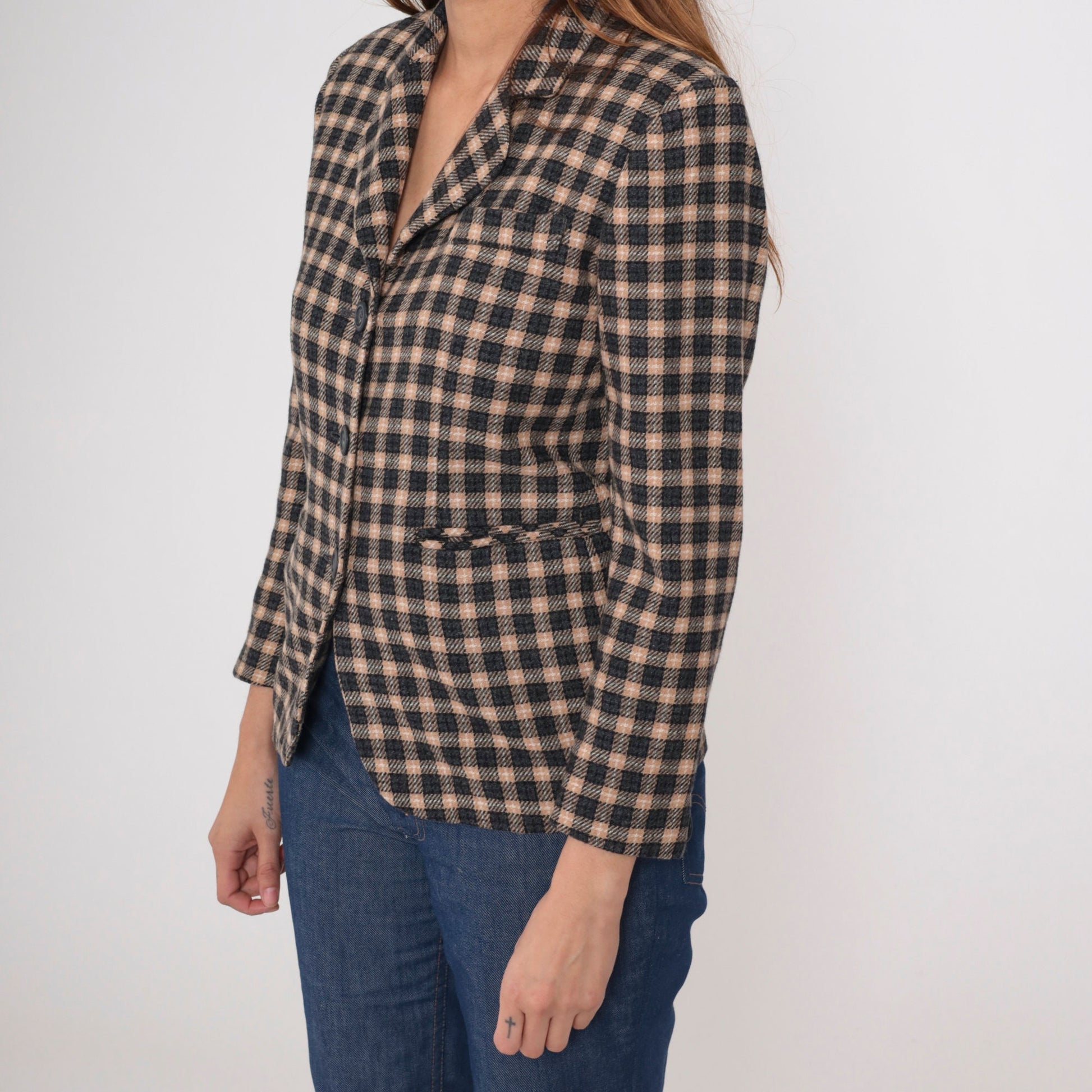 90s Petite Sophisticate Black Tan Checkered Wool Blazer Button-Up Jacket Extra Small