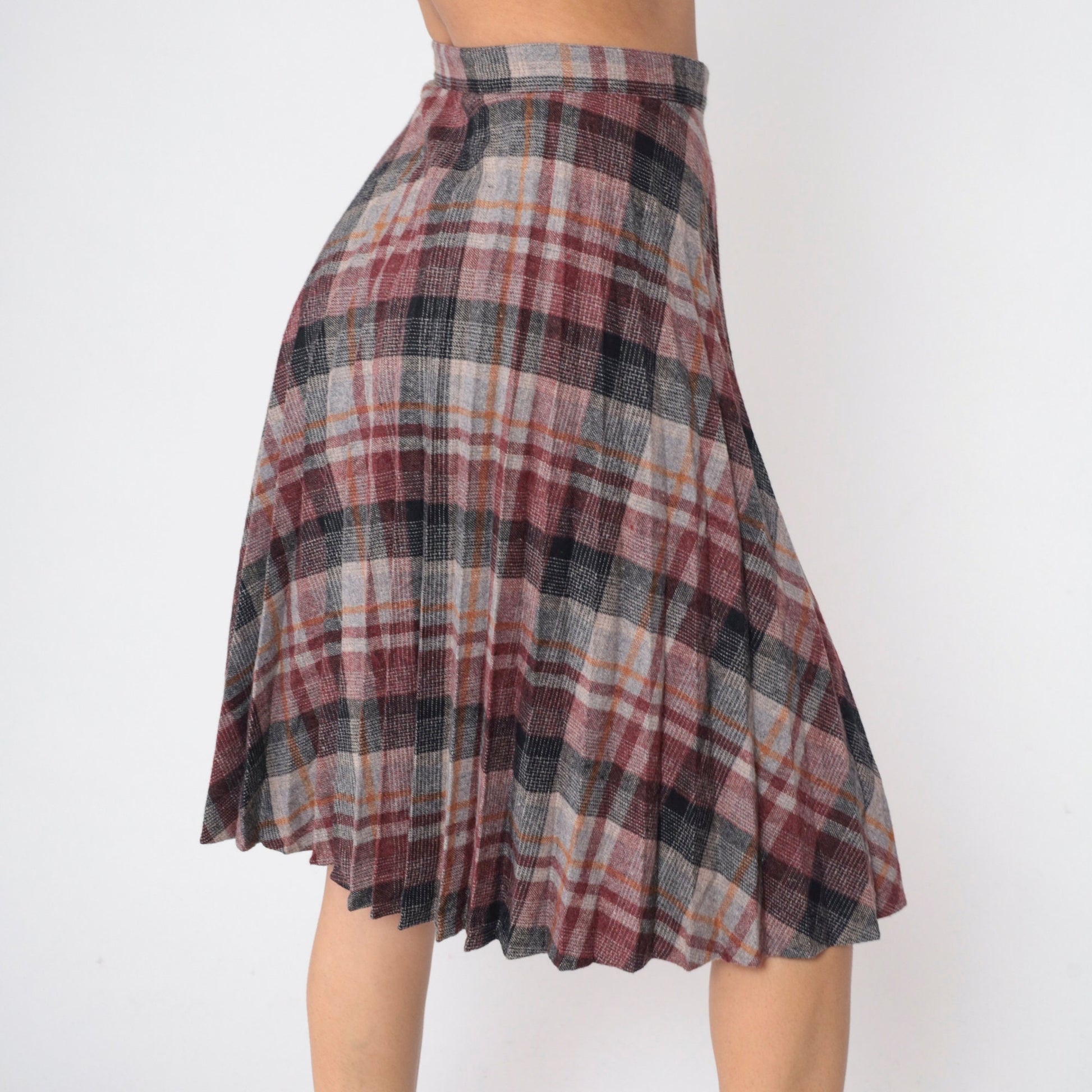 80s Plaid Wool Blend Pleated Skirt High Waist Knee Length Red Grey Small