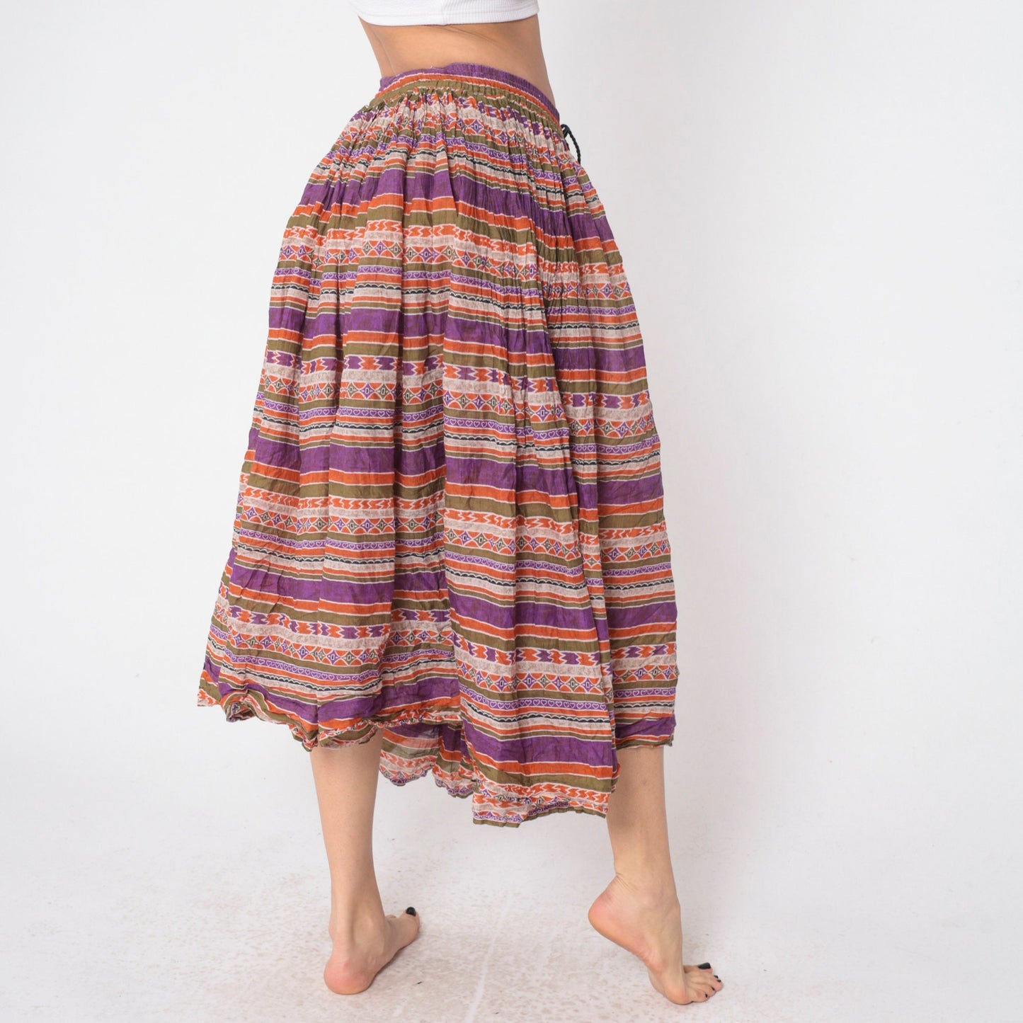 90s Capezio Geometric Striped Broomstick Midi Skirt Drawstring Purple Small
