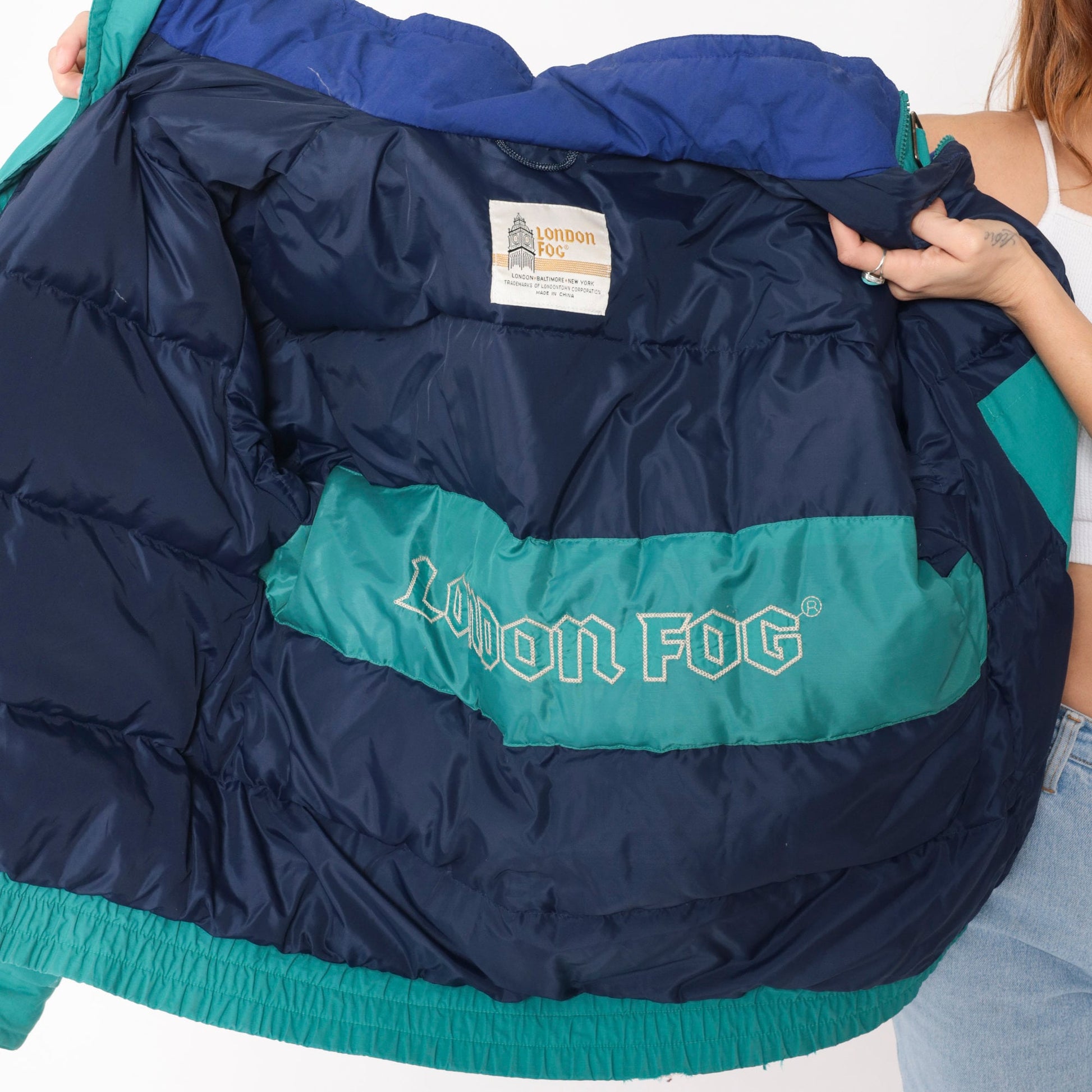 90s London Fog Teal Puffer Ski Jacket Goose Down Hooded Medium Long