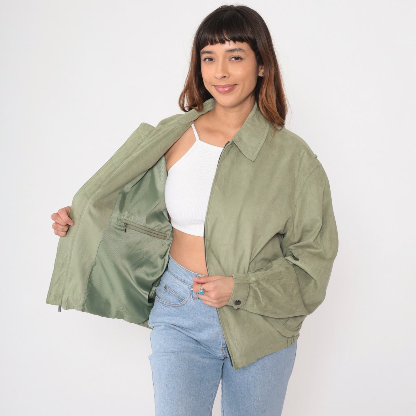 90s Newport Harbor Faux Suede Zip Jacket Light Green Collared Windbreaker Extra Large XXL