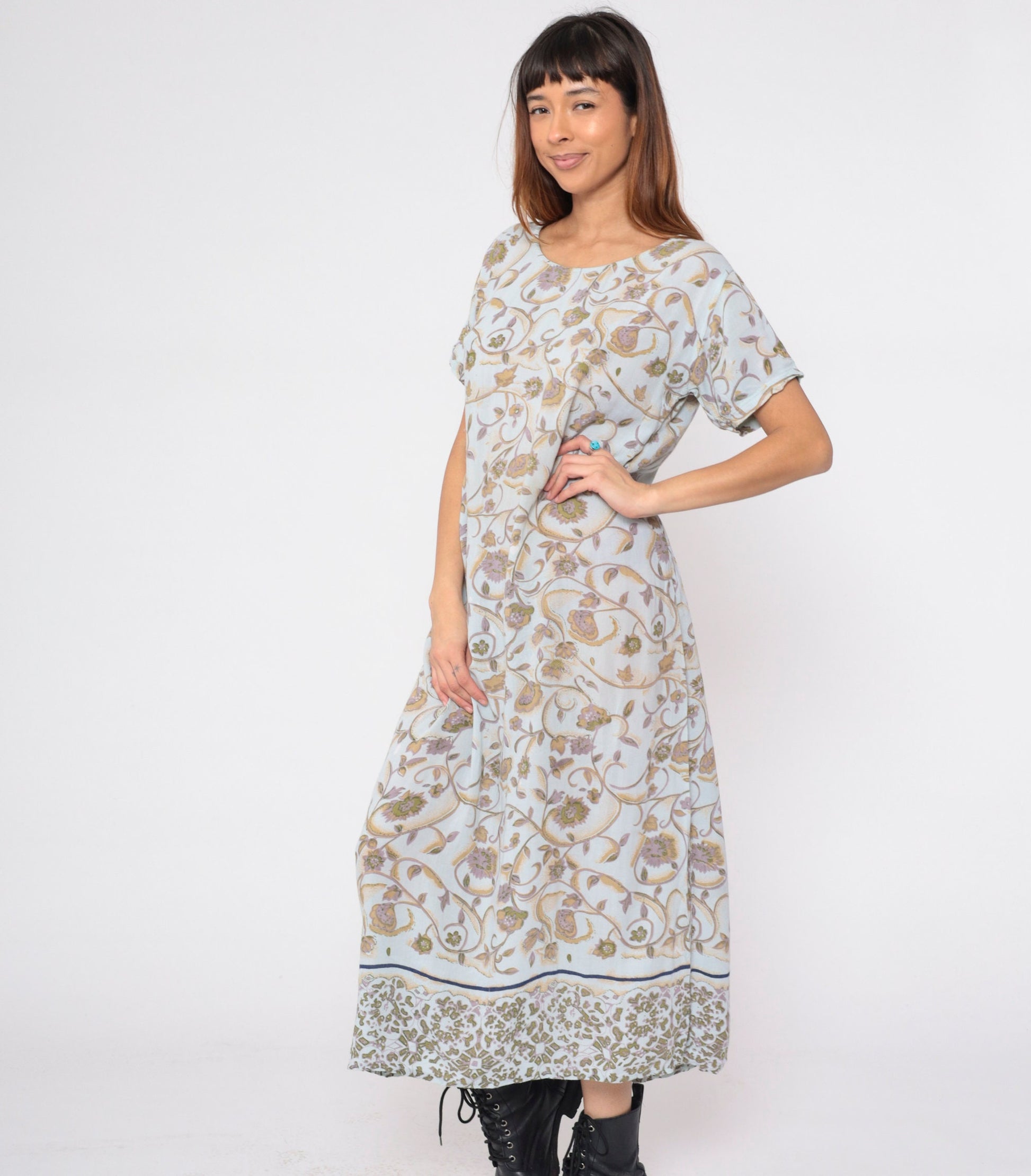 Y2K Indian Floral Midi Dress Light Blue Short Sleeve Small S