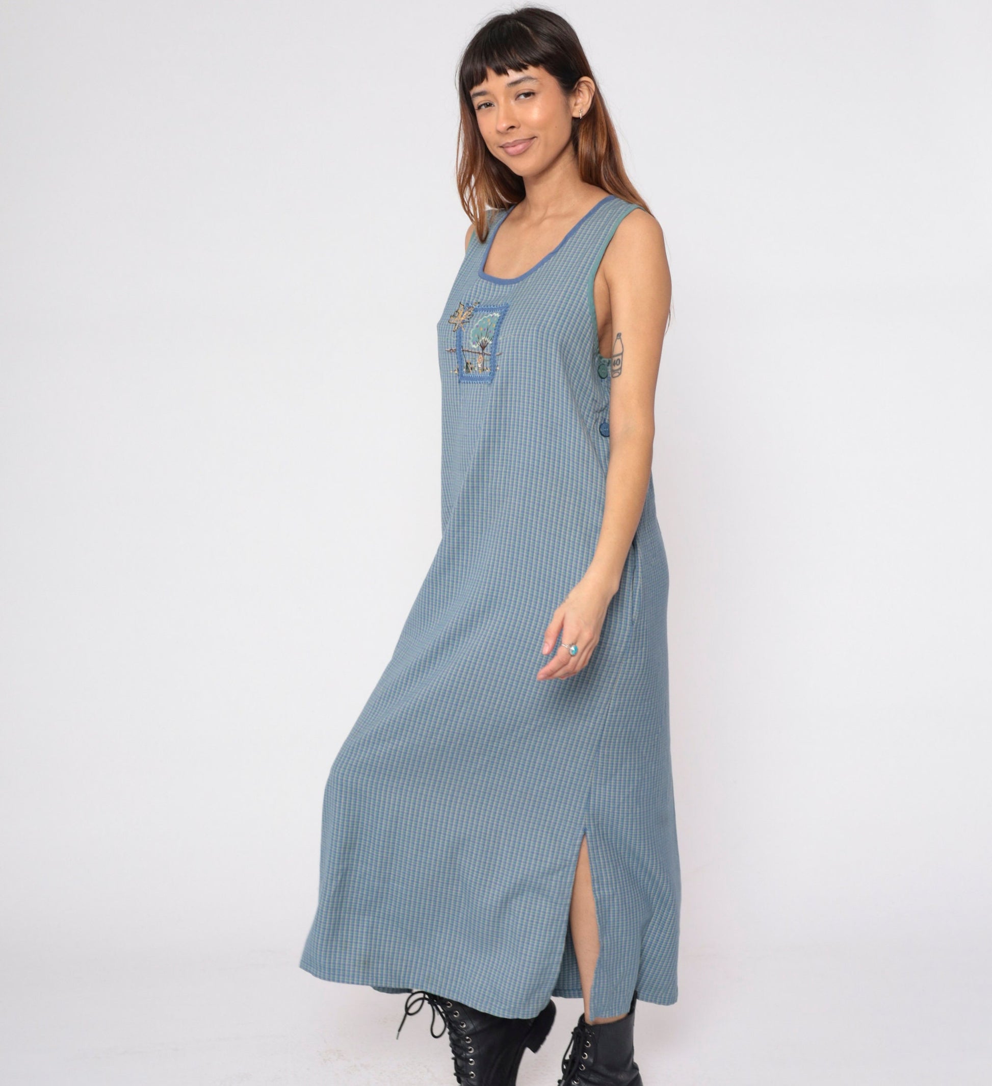 90s Blue Checkered Maxi Dress Embroidered Autumn Tree Sleeveless Pockets Large L