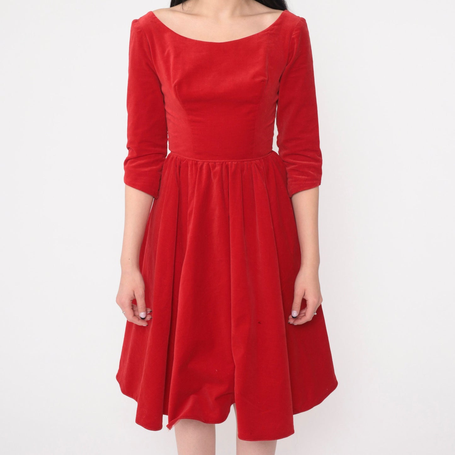 1960s Red Velvet Party Dress High Waist Fit and Flare 3/4 Sleeve Extra Small