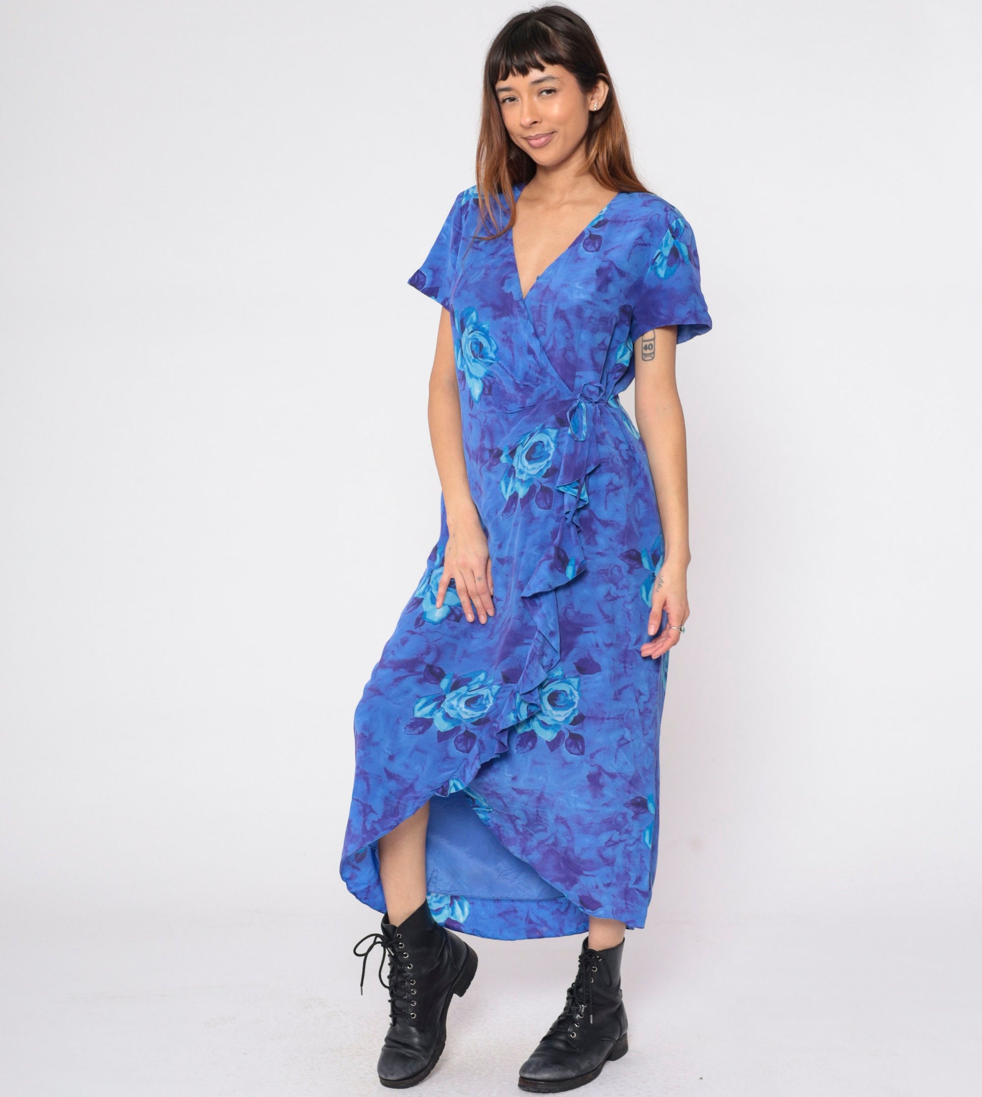 90s Y2K Blue Floral Silk Wrap Dress Waterfall Hem Rose Print Medium