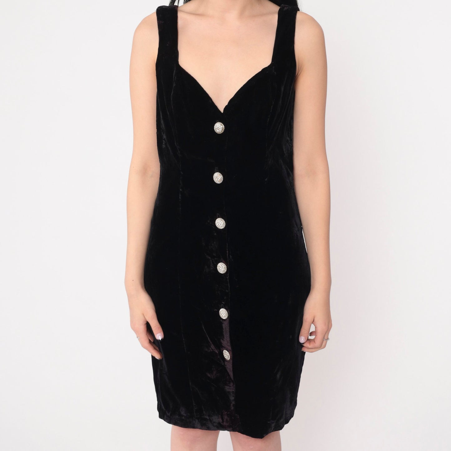 90s Rampage Black Velvet Mini Dress Sweetheart Neckline Button Front Medium