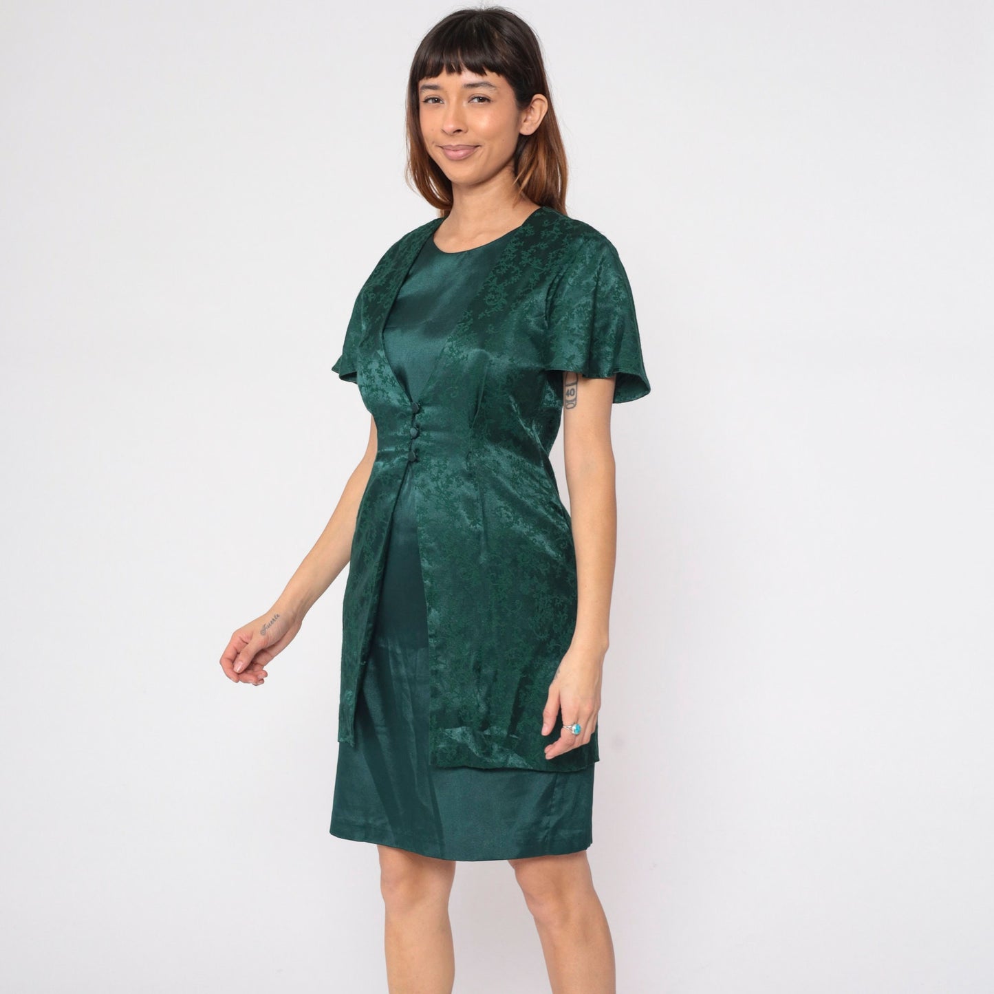 90s Olivia Rose Dark Green Floral Embossed Vest Dress Mini Pencil Medium