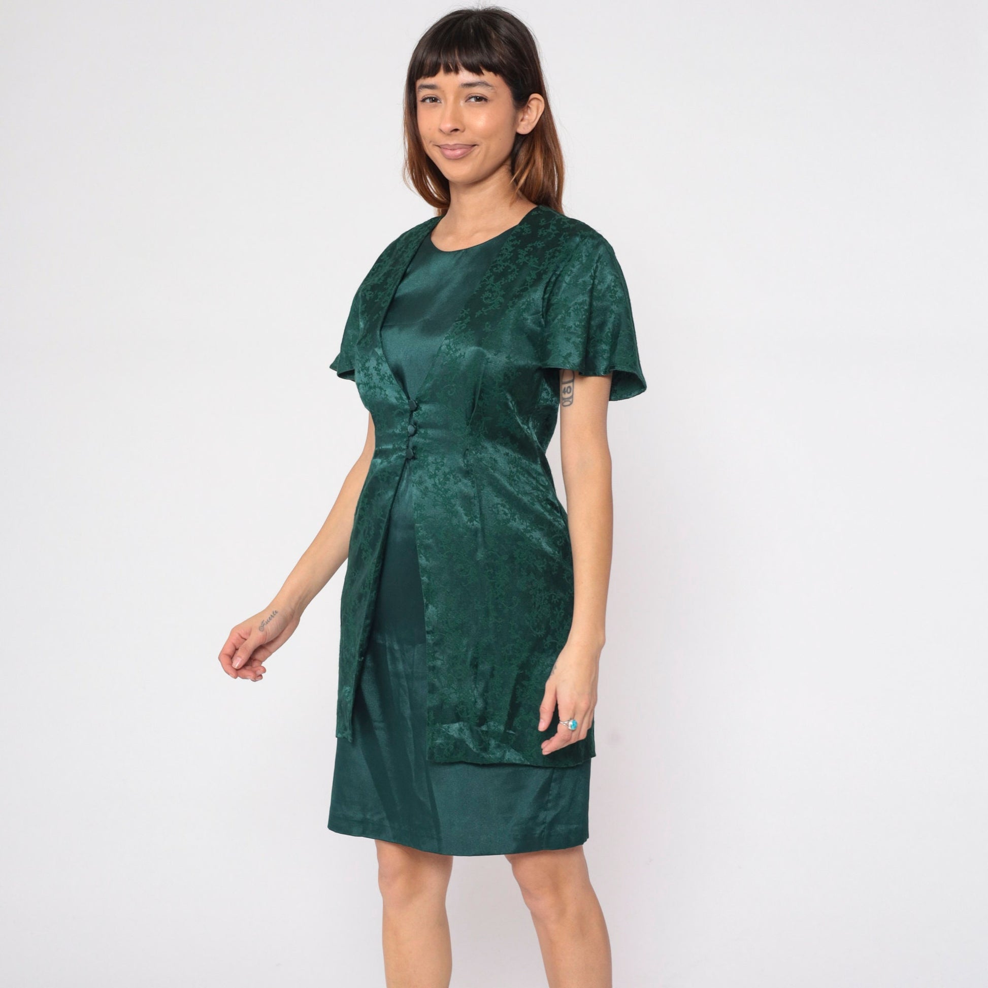 90s Olivia Rose Dark Green Floral Embossed Vest Dress Mini Pencil Medium