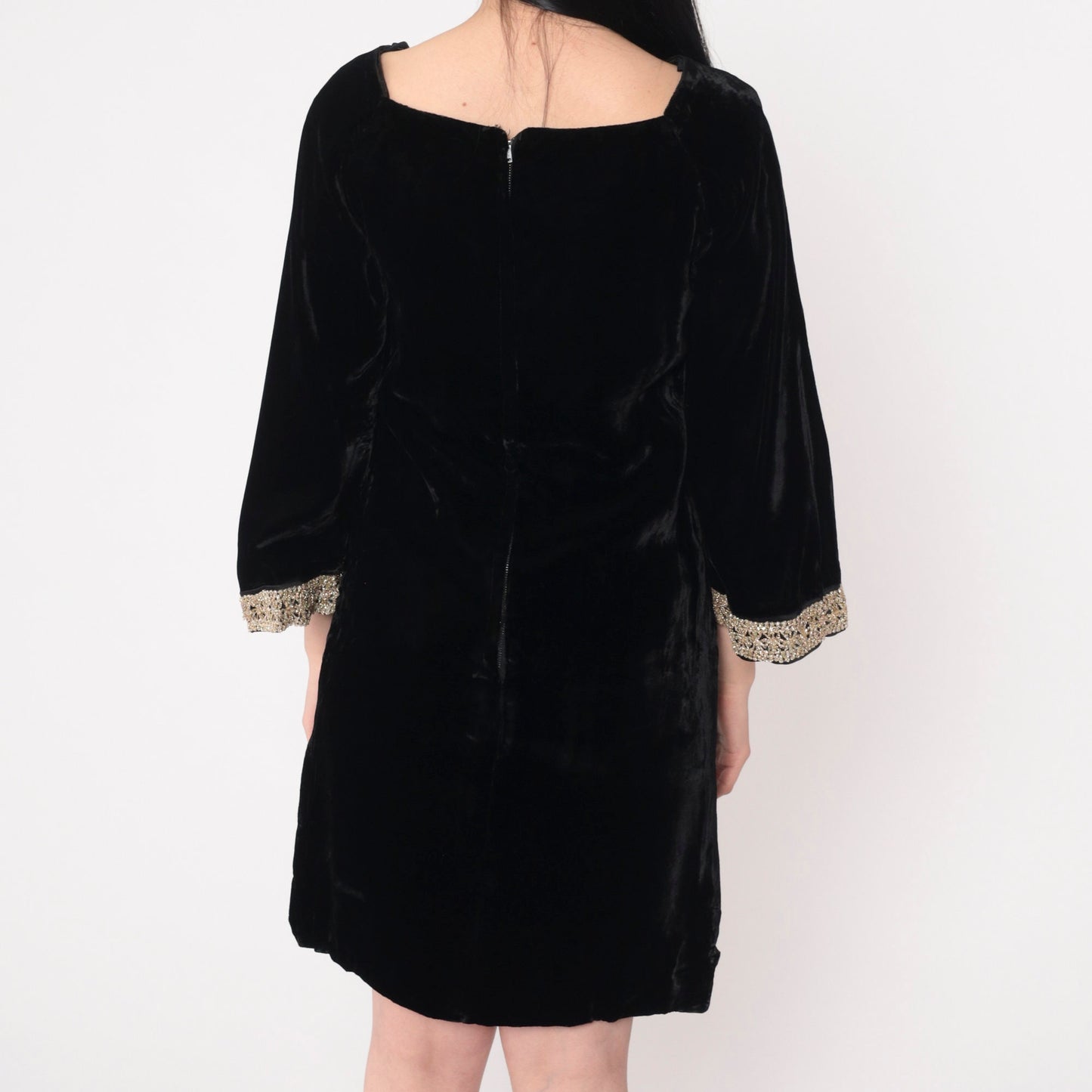 60s Black Velvet Mini Dress Metallic Bell Sleeve Shift Square Neckline Small