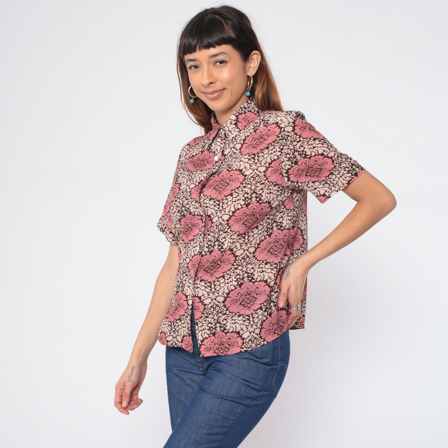 90s Floral Button-Up Blouse Brown Pink Cream Flower Print Short Sleeve Medium
