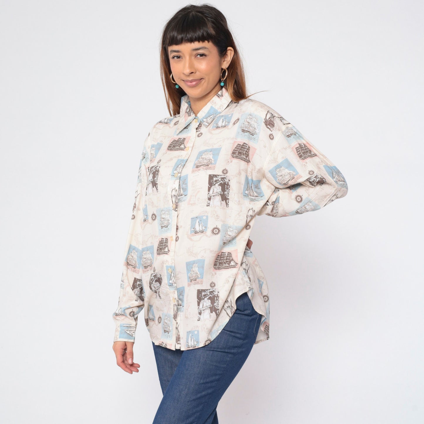 90s Bill Blass Nautical Print Button-Up Blouse Sailboat Compass Long Sleeve Large