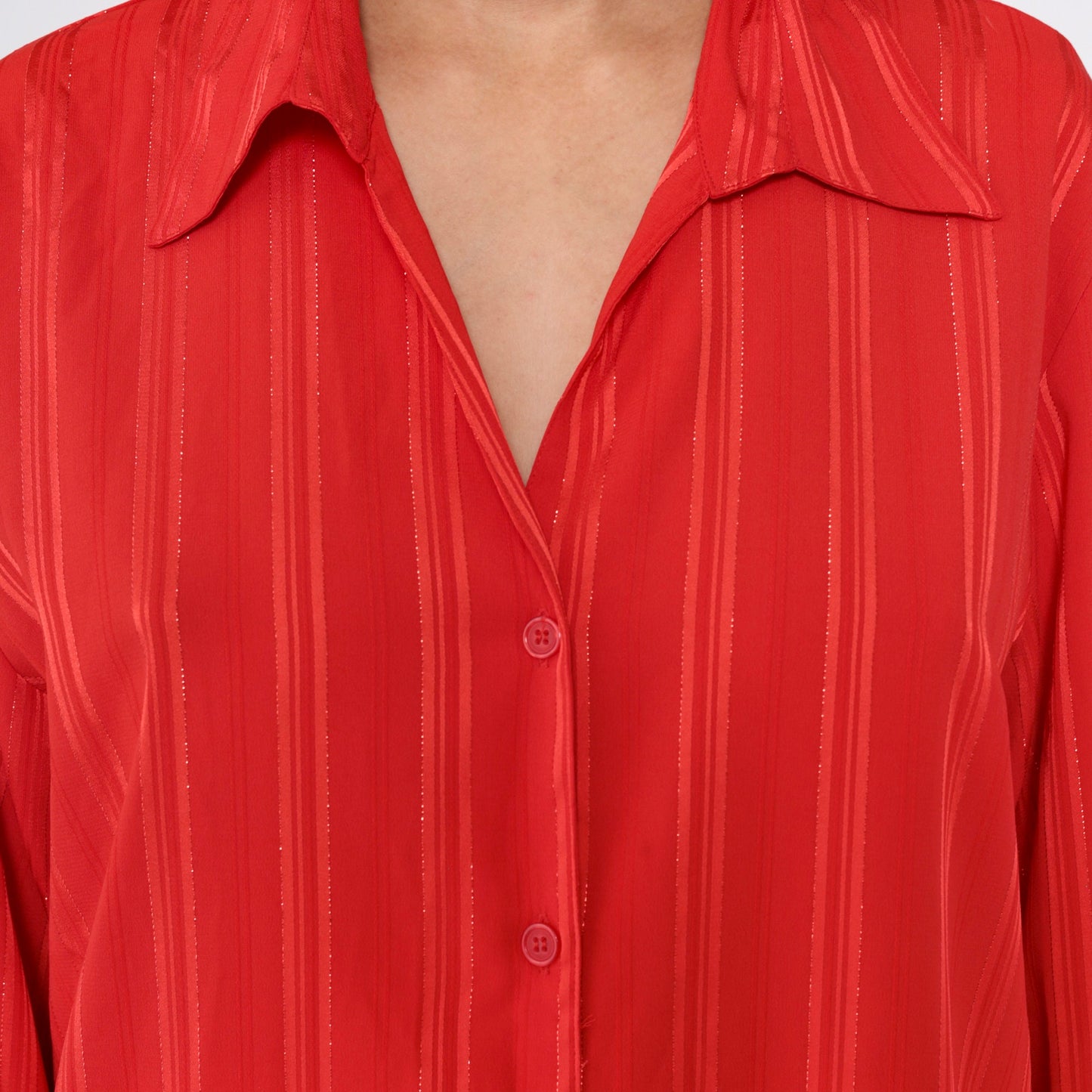 90s Red Metallic Striped Button-Up Blouse Collared V-Neck Large L