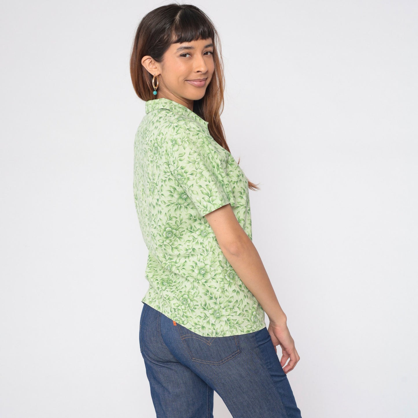 90s Green Floral Button-Up Shirt Short Sleeve Collared Blouse Medium M