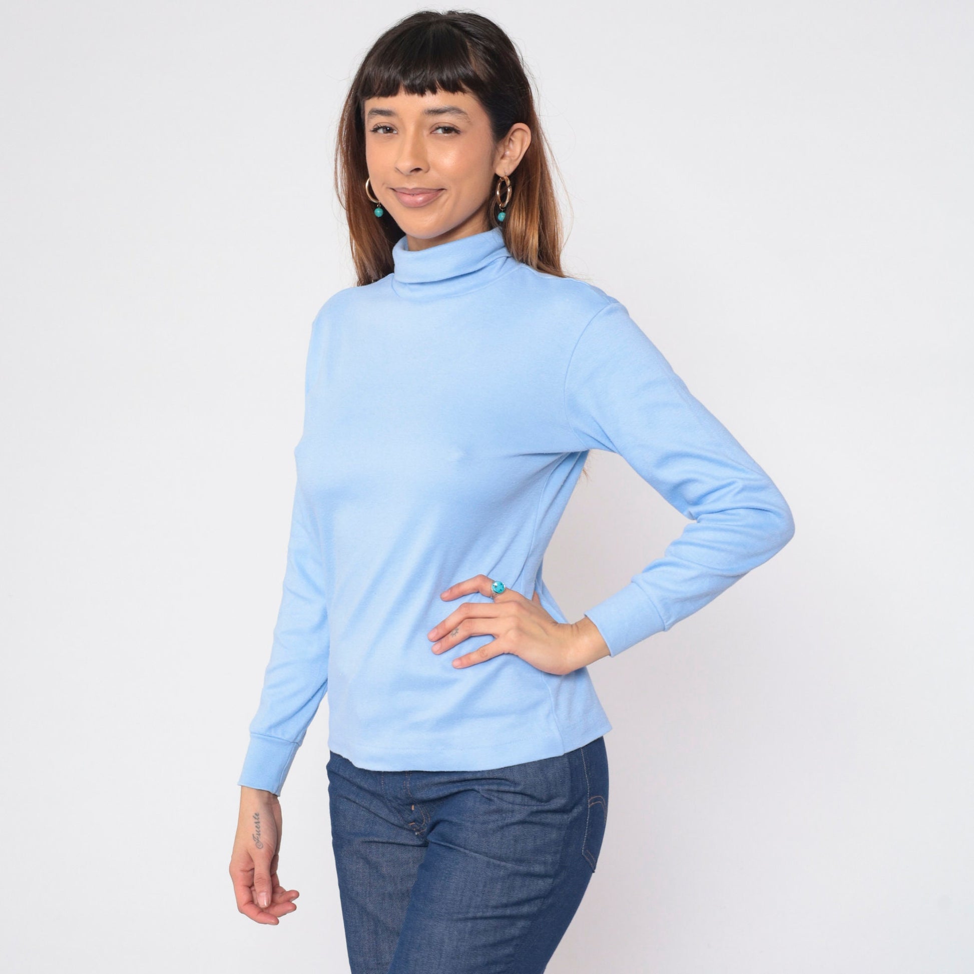90s Baby Blue Turtleneck Long Sleeve Pullover Top Medium M