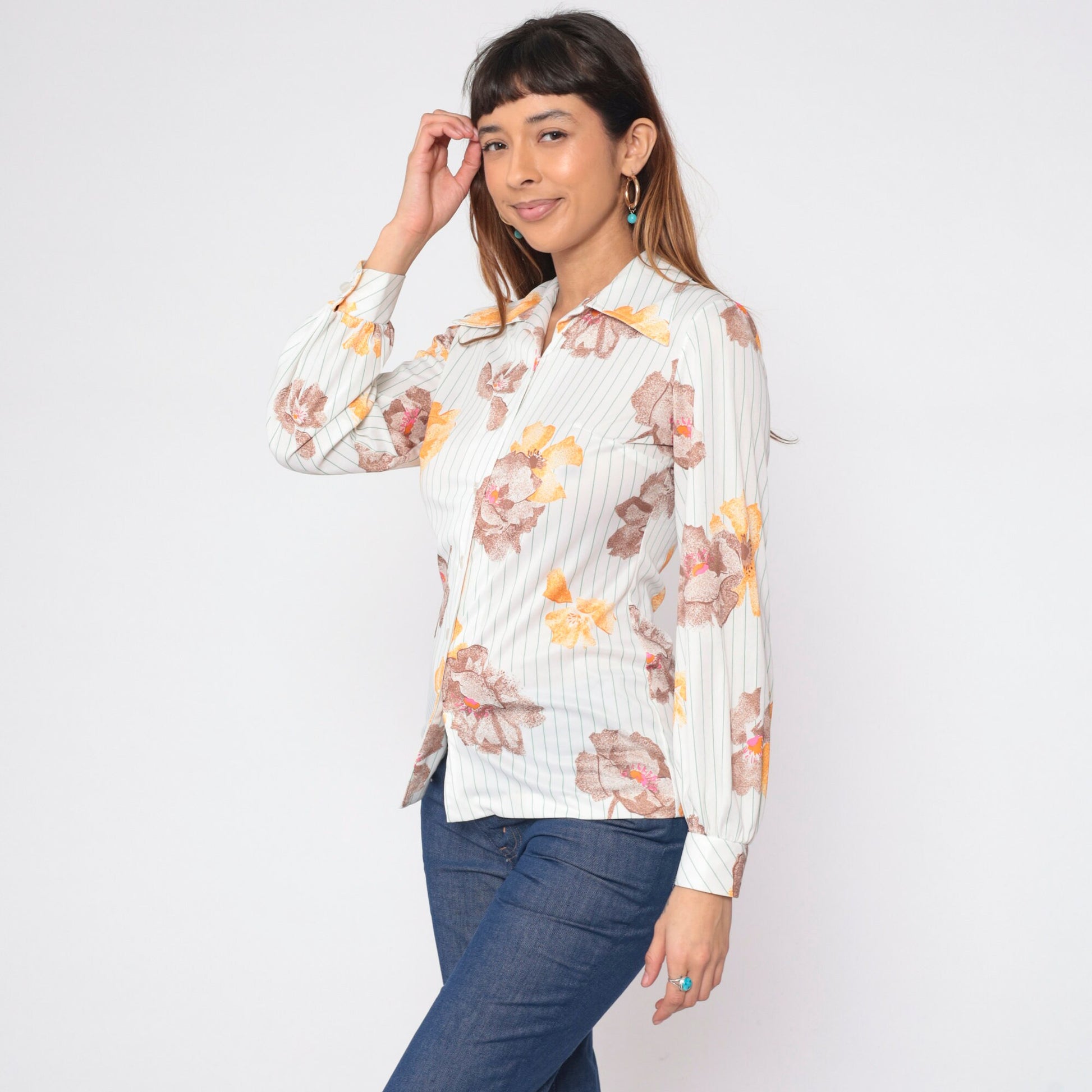 70s Striped Floral White Button-Up Blouse Pointed Collar Long Sleeve Small