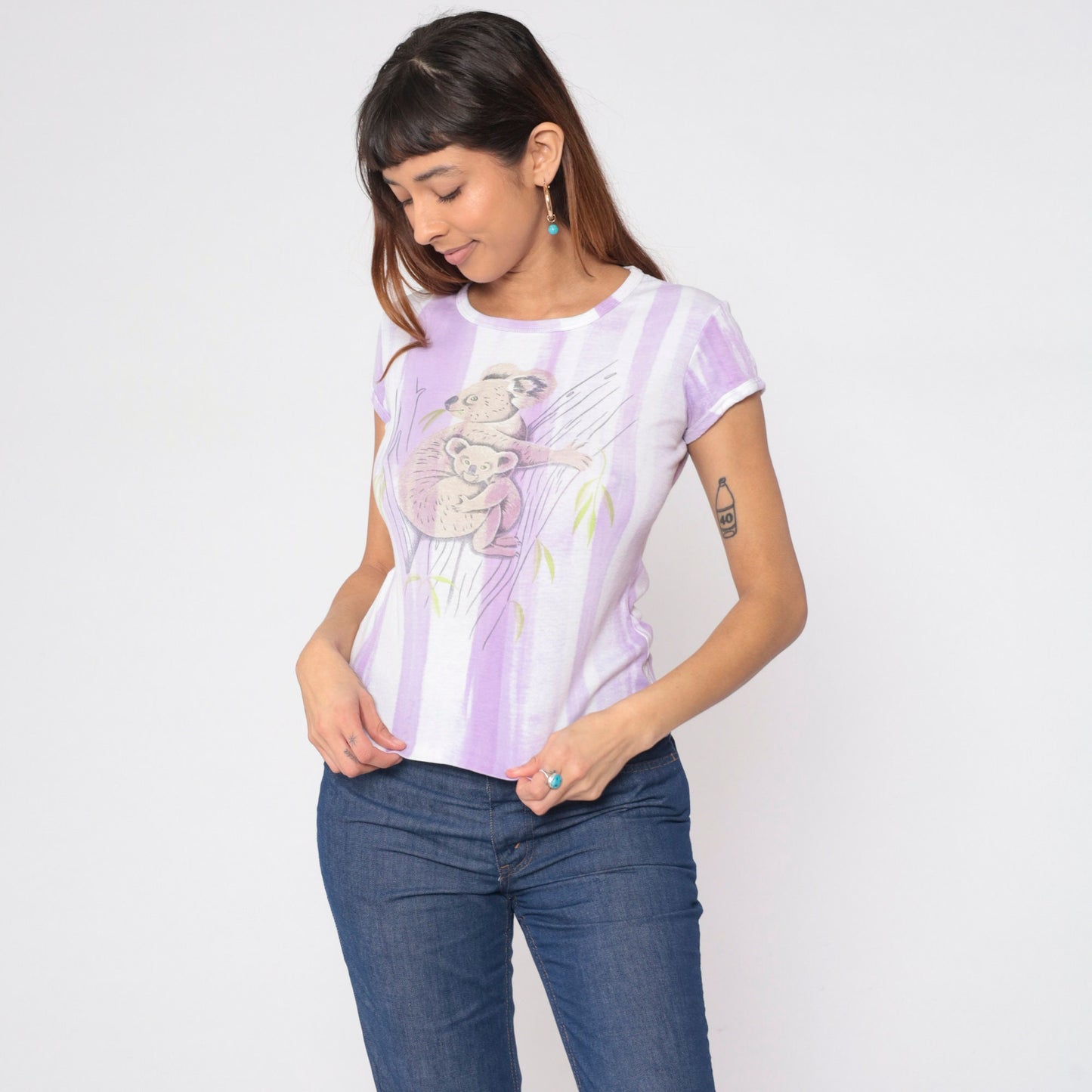 80s Koala Mama Baby Graphic T-Shirt Purple White Striped Cap Sleeve Small Medium