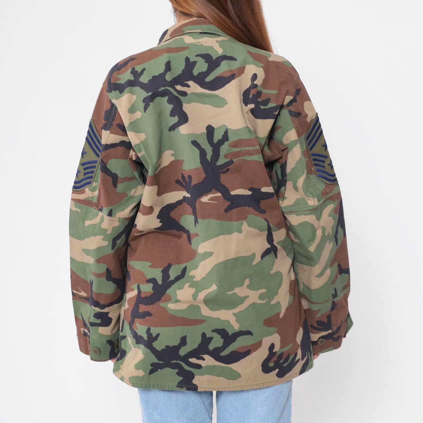 1980s US Air Force Camouflage Jacket Cargo Pockets Button Up Medium Long