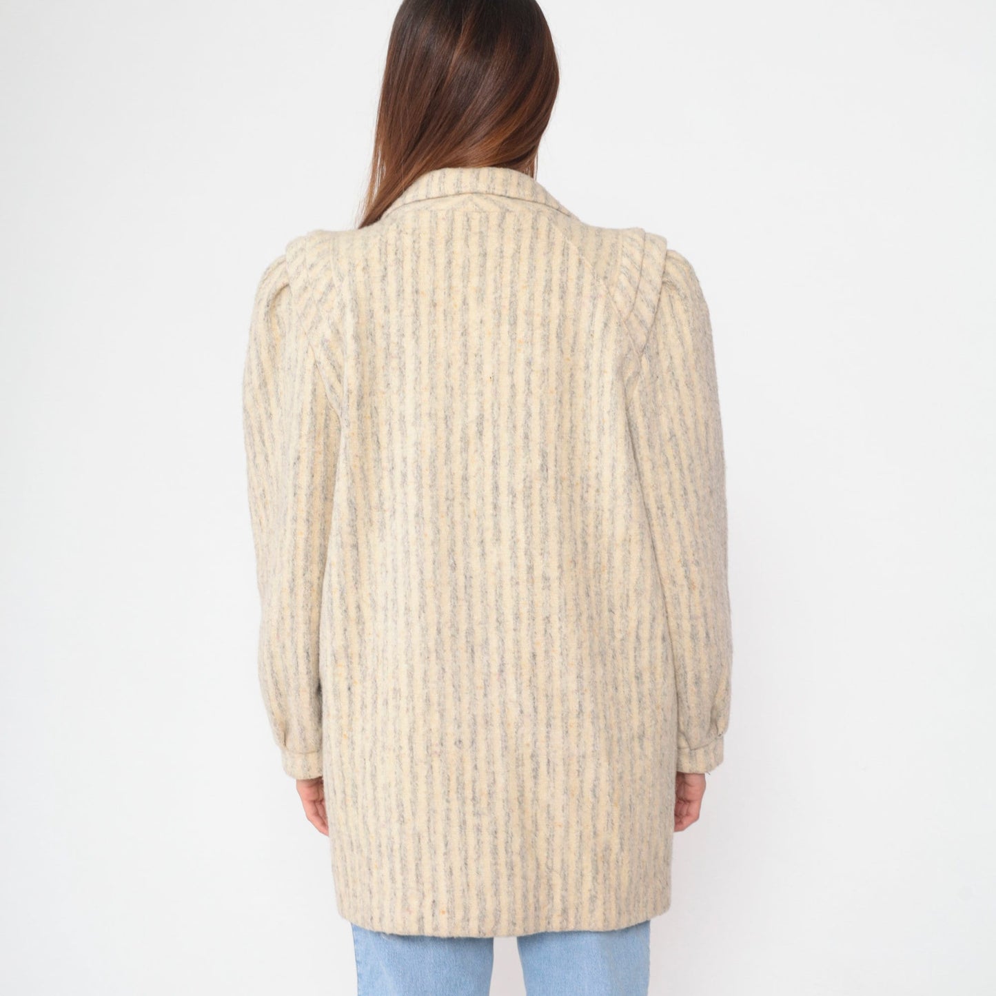 80s Striped Wool Blend Blazer Grey Cream Double Breasted Tailored Medium M