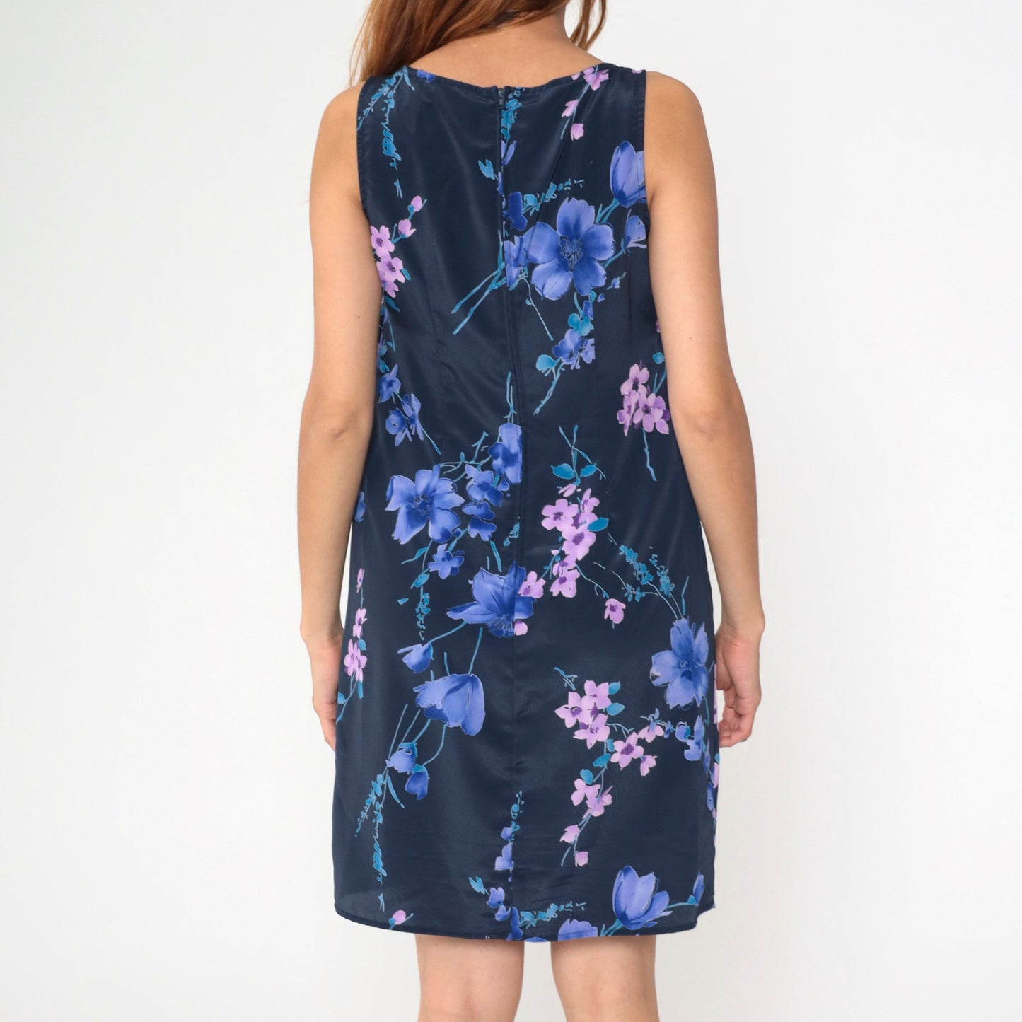 90s Hillard & Hanson Floral Mini Shift Dress Navy Sleeveless Small